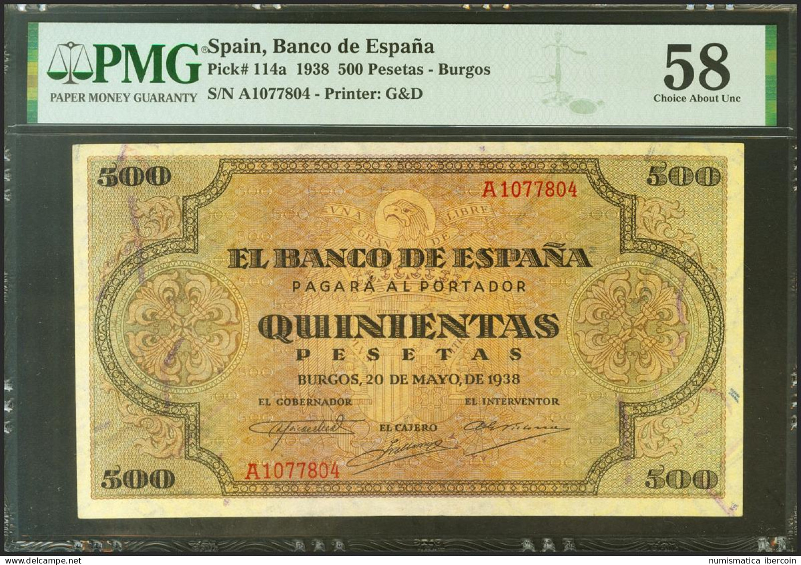 500 Pesetas. 20 De Mayo De 1938. Serie A. (Edifil 2021: 433, Pick: 114a). Inusu - Altri & Non Classificati