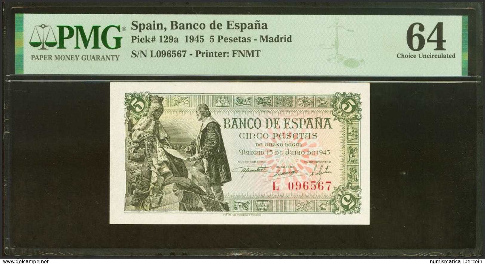 5 Pesetas. 15 De Junio De 1945. Serie L, última Serie Emitida. (Edifil 2021: 44 - Autres & Non Classés