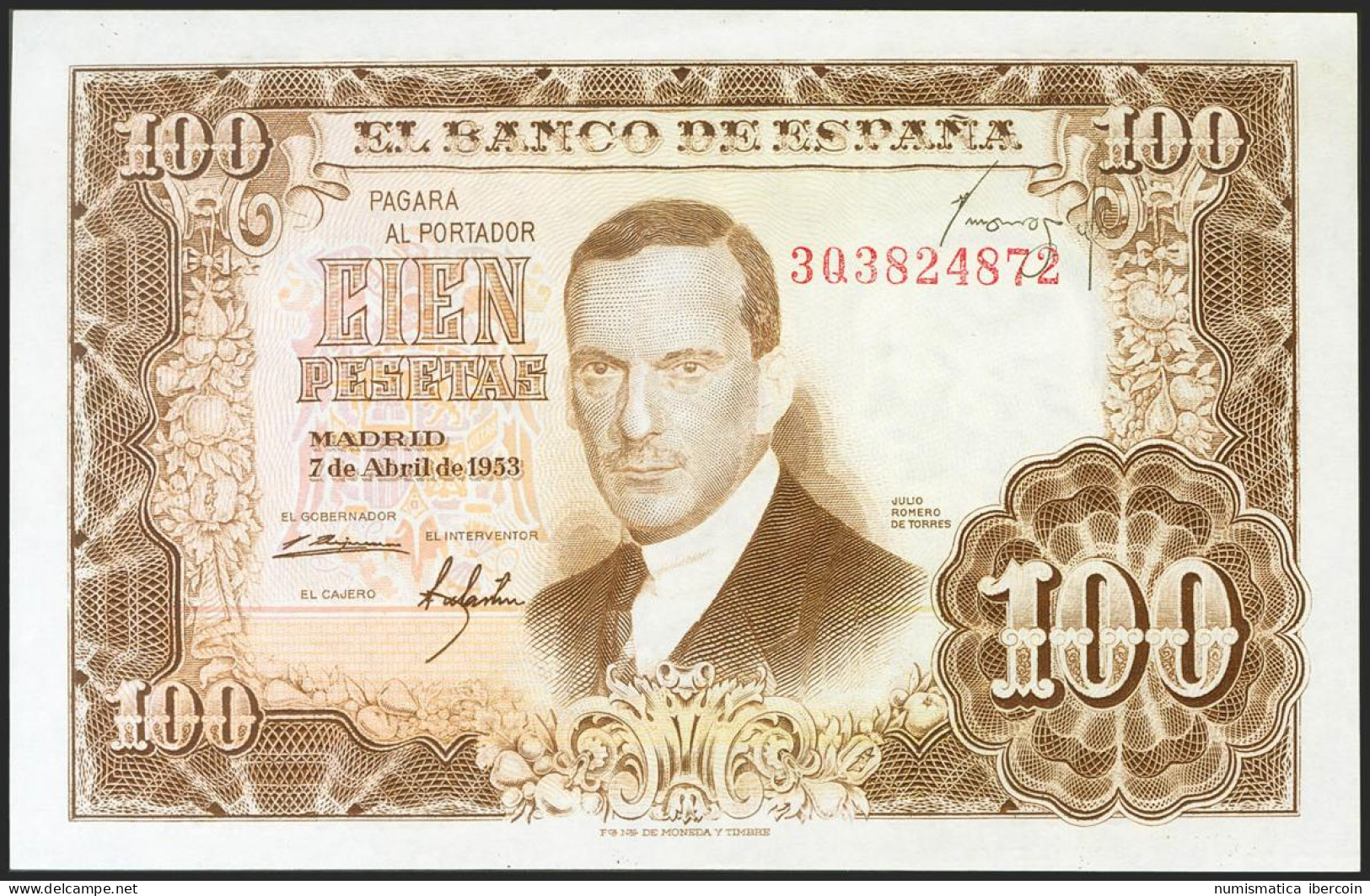 100 Pesetas. 7 De Abril De 1953. Serie 3Q, Firma Del Cajero Invertida Y En La P - Andere & Zonder Classificatie