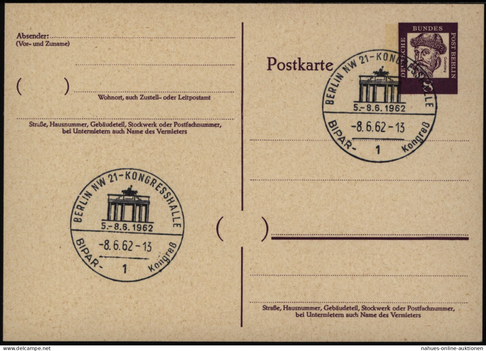 Berlin Ganzsache Mit SST Kongress BIPAR Berlin Brandenburger Tor 1962 - Postkaarten - Gebruikt