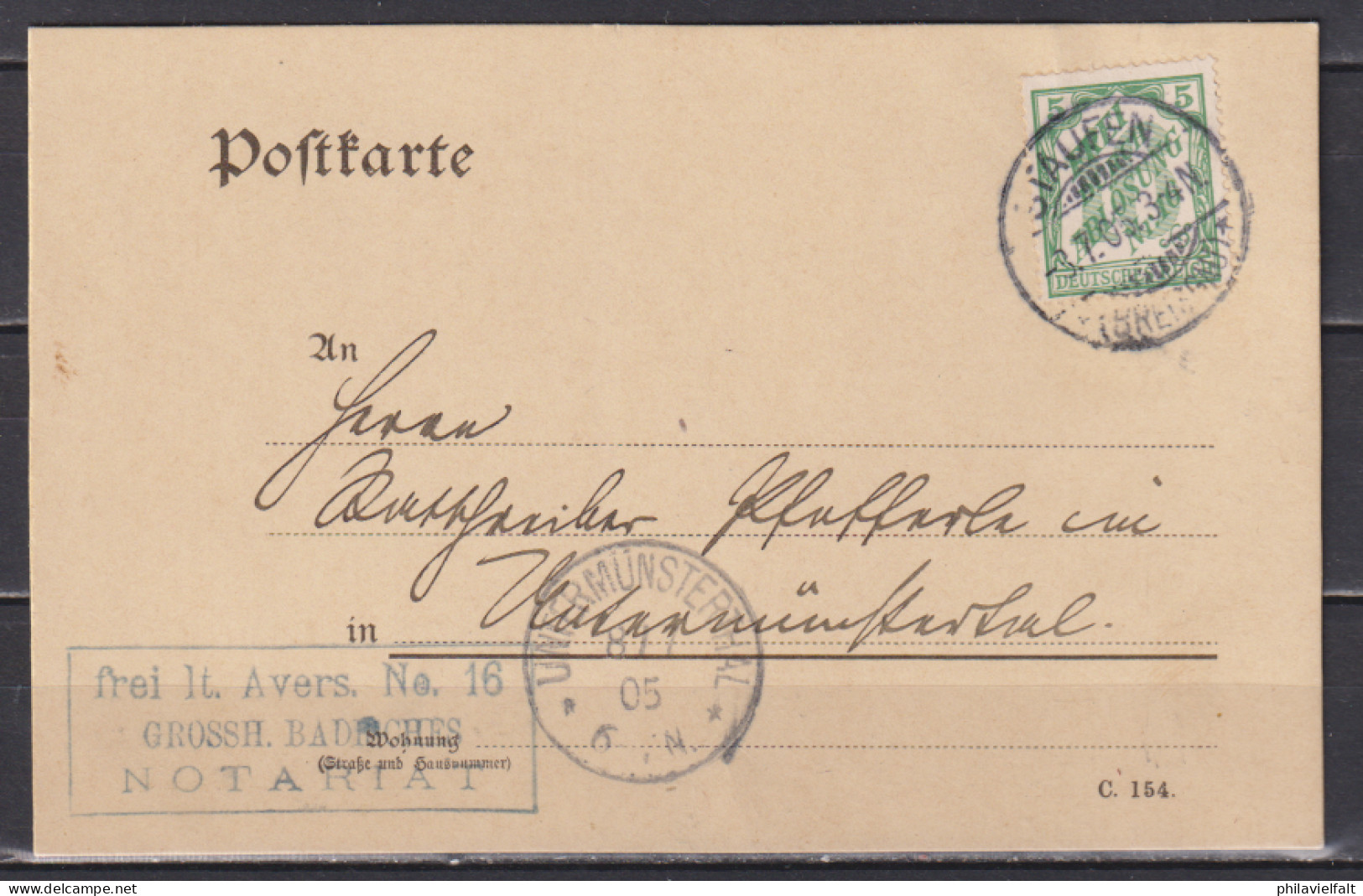 Dt.Reich Karte Stauffen 1905 EF D 11 Sowie Kasten-o Frei Lt. Avers No.16 Grossh.Badisches Notariat - Service