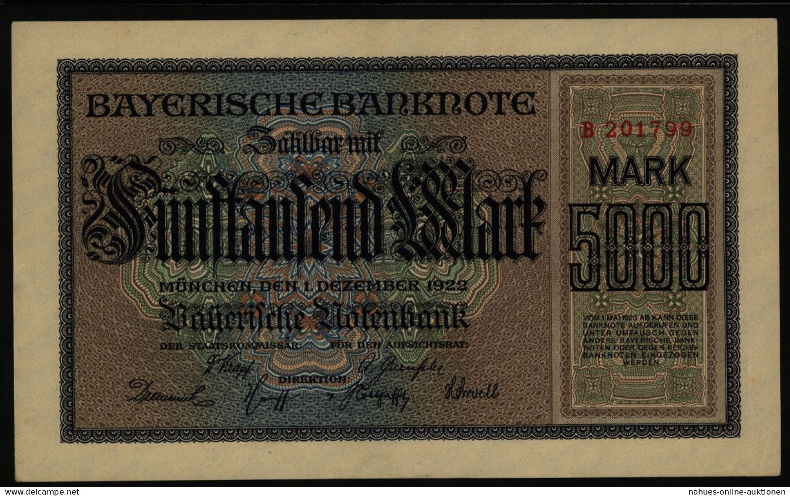 Geldschein Banknote Notgeld Bayern 6 - B 5000 Mark Länderbanknote 1.12.1922 - I. - Other & Unclassified