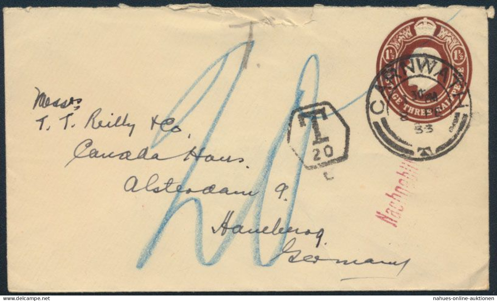 Schottland Ganzsache King Georg 1 1/2p Carnwath Hamburg Nachtaxiert Blau 20 1933 - Lettres & Documents
