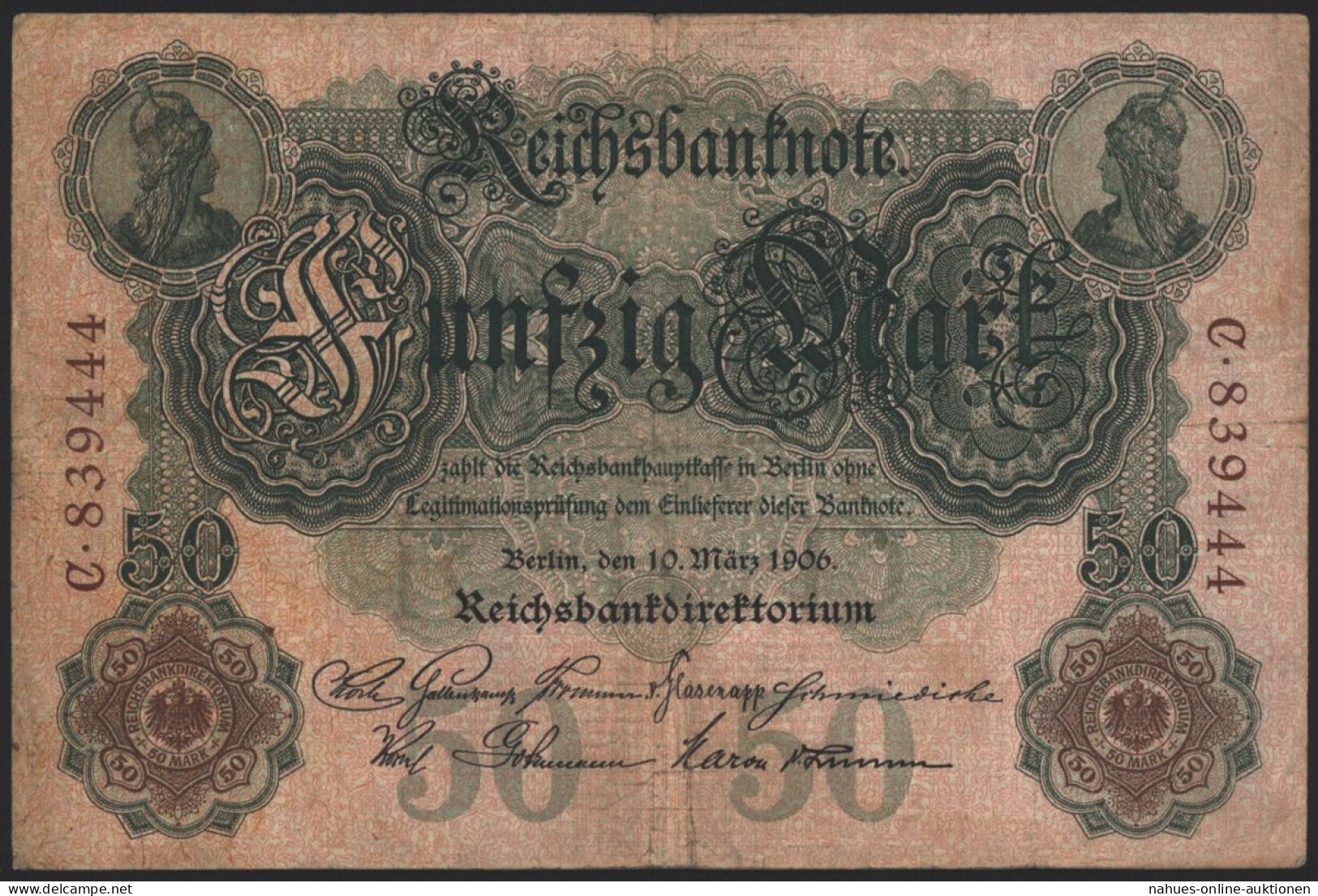 Geldschein Banknote Deutsches Reich Reichsbanknote 50 Mark 25 A C 10.3.1906 II - Sonstige & Ohne Zuordnung