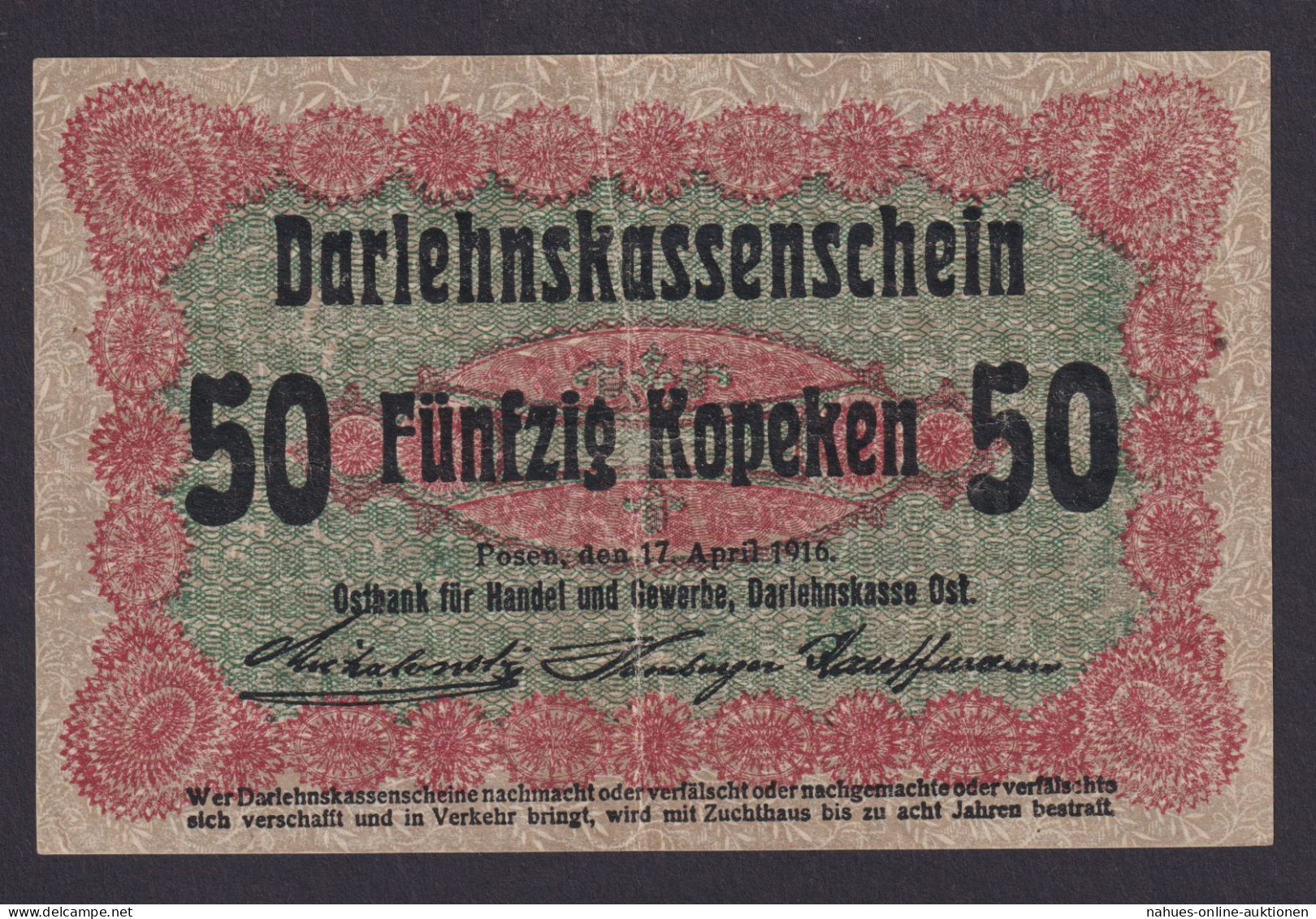 Geldschein Banknote Besatzung I.WK Posen 458 D 50 Kopeken 17.4.1916 - I- II. - 1° Guerra Mondiale