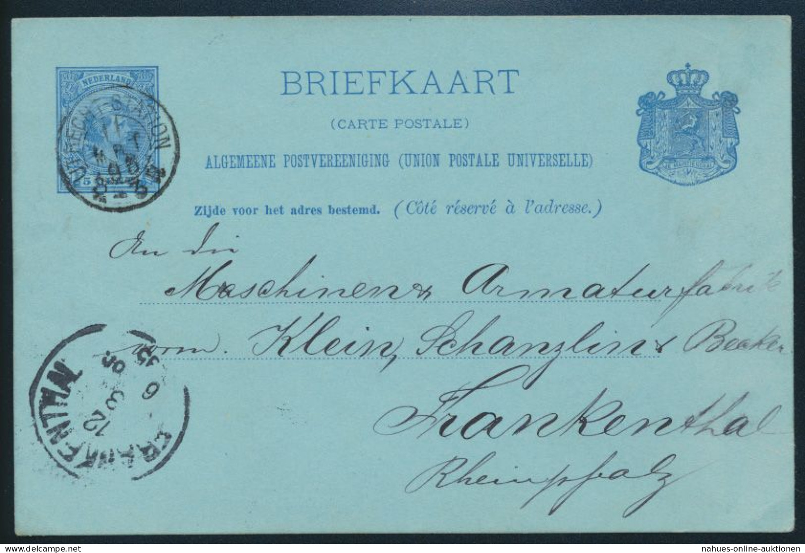 Niederlande Ganzsache P 20 Via Bahnpost UTRECHT STATION Nach Frankenthal 1895 - Lettres & Documents