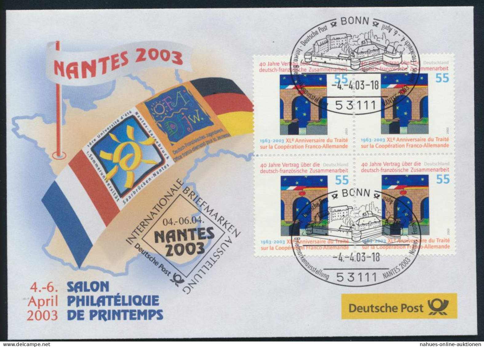 Motiv Philatelie Bund Brief Viererblock 2311 Ausstellung Nantes Frankreich - Storia Postale