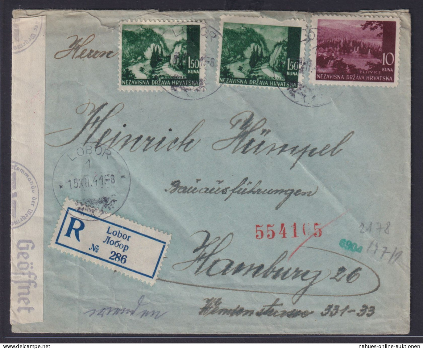 Kroatien Zensur Brief Ab Lobor Nach Hamburg 15.12.1941 - Croacia