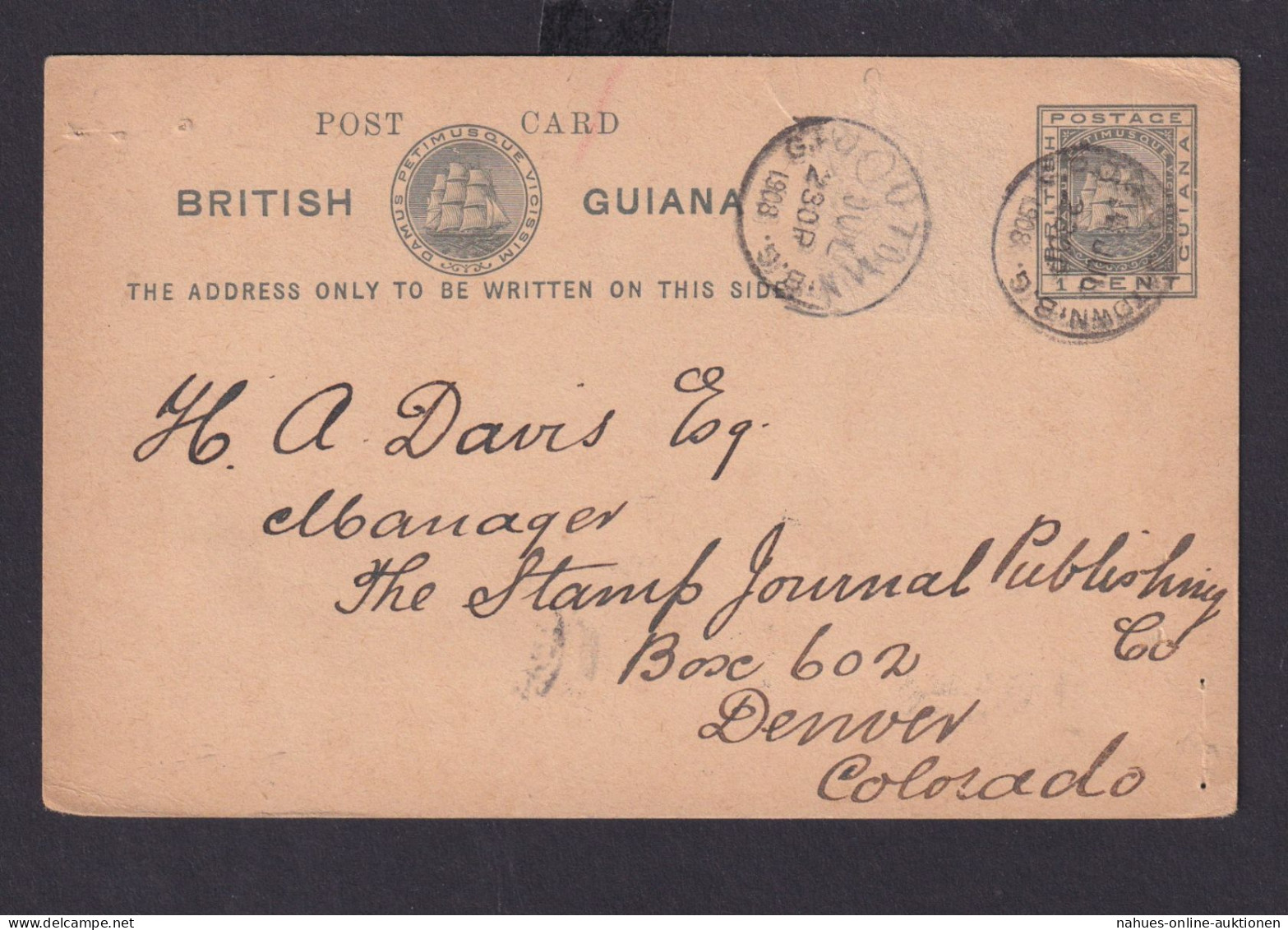 British Guiana Ganzsache 1 Cent Grau Nach Denver Colorado USA - Guyana (1966-...)