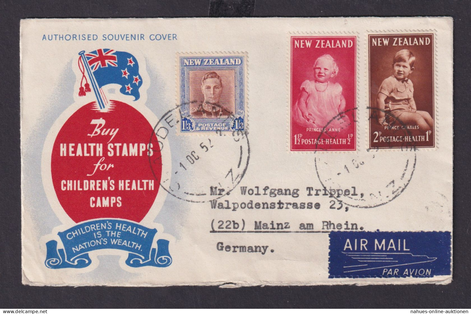 Neuseeland Brief Cover Childrens Heealth Camps Nach Mainz Schöner FDC 1952 - Lettres & Documents