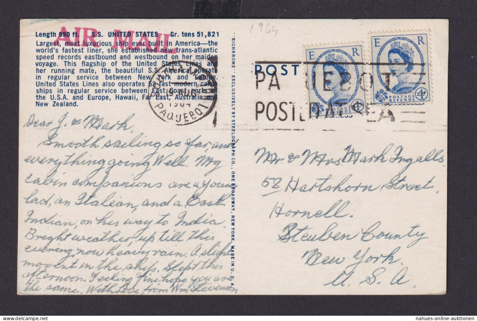 Großbritannien Schiffspost Paquebot Southamton N Hornell Steuben County New York - Maritiem