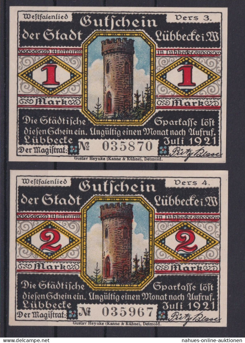 Banknoten Geldscheine Notgeld Lübbecke Westfalen 2 Scheine 1-2 Mark - Other & Unclassified