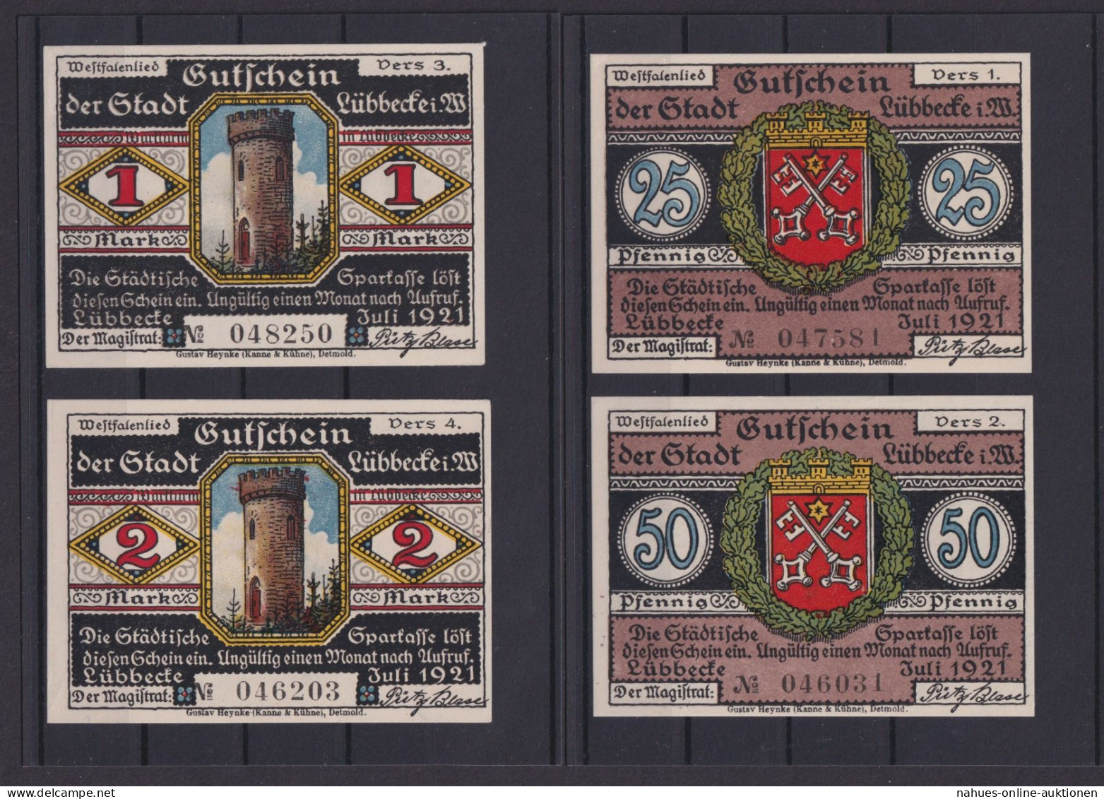 Banknoten Geldscheine Notgeld Lübbecke Westfalen 4 Scheine 0,25-2,00 Mark - Other & Unclassified