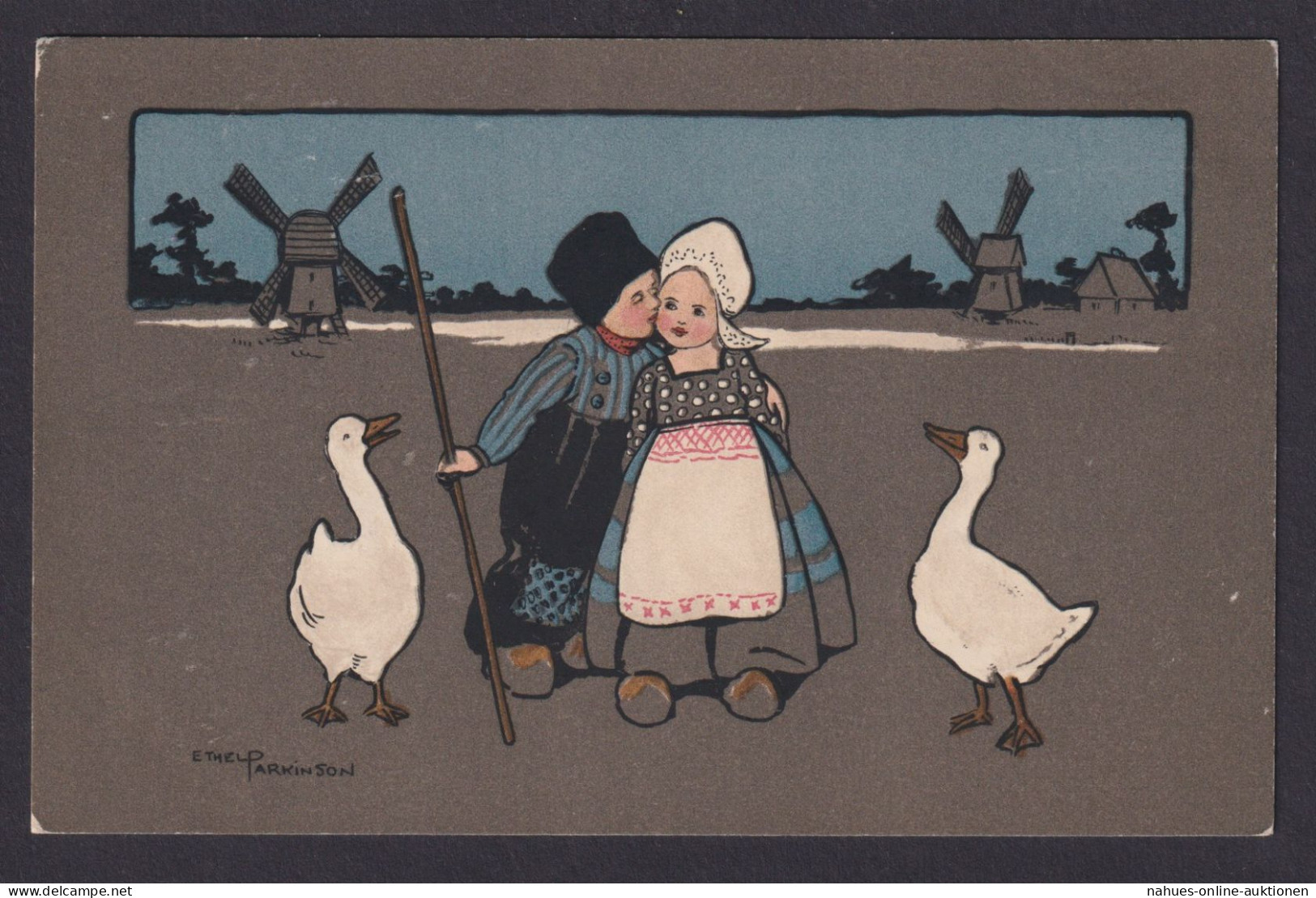 Ansichtskarte Künstlerkarte Sign. Ethel Parkinson Junge Mädchen Hütn Gänse - Ohne Zuordnung