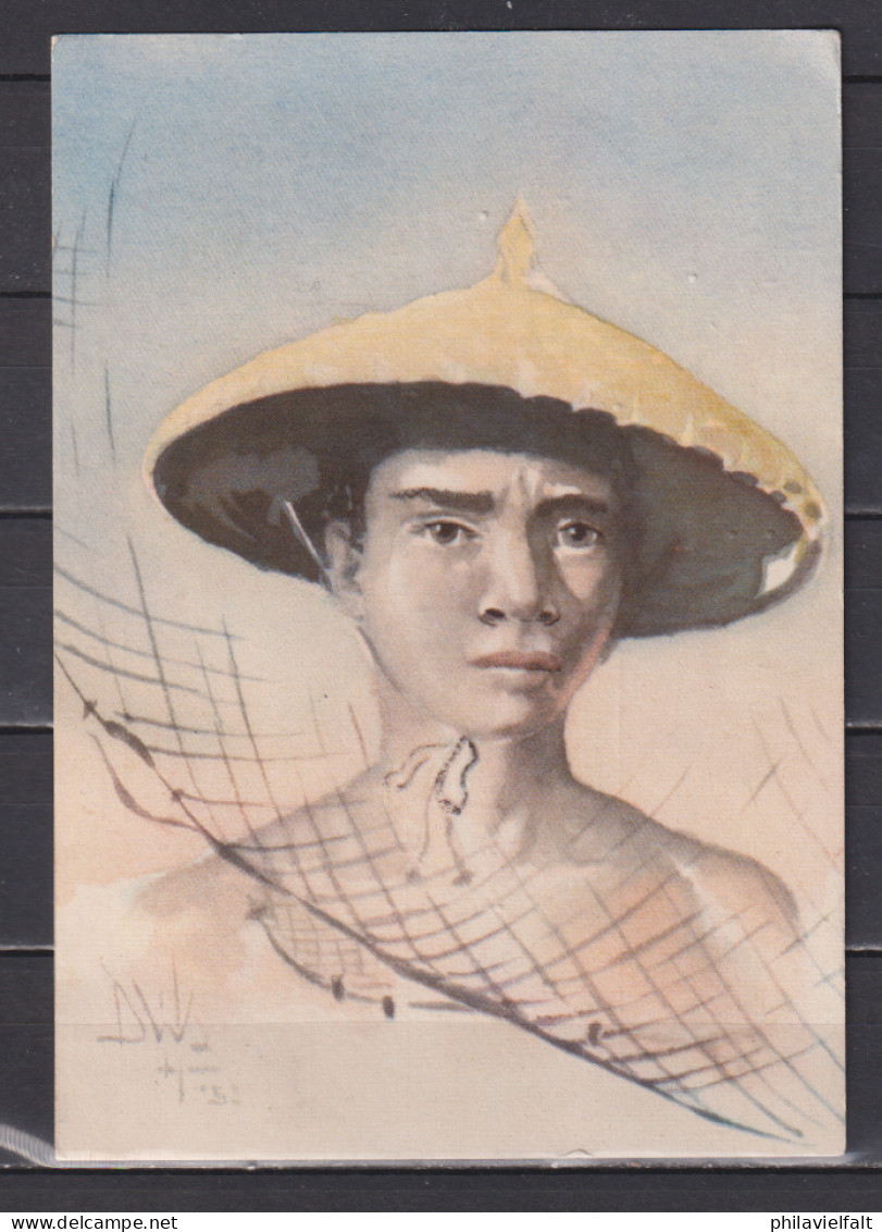 Indonesien  " Sundanese Fischerman " (Kunstkarte) Mit 2x 154 Von Djakarta 1956 Nach Deutschland - Indonésie