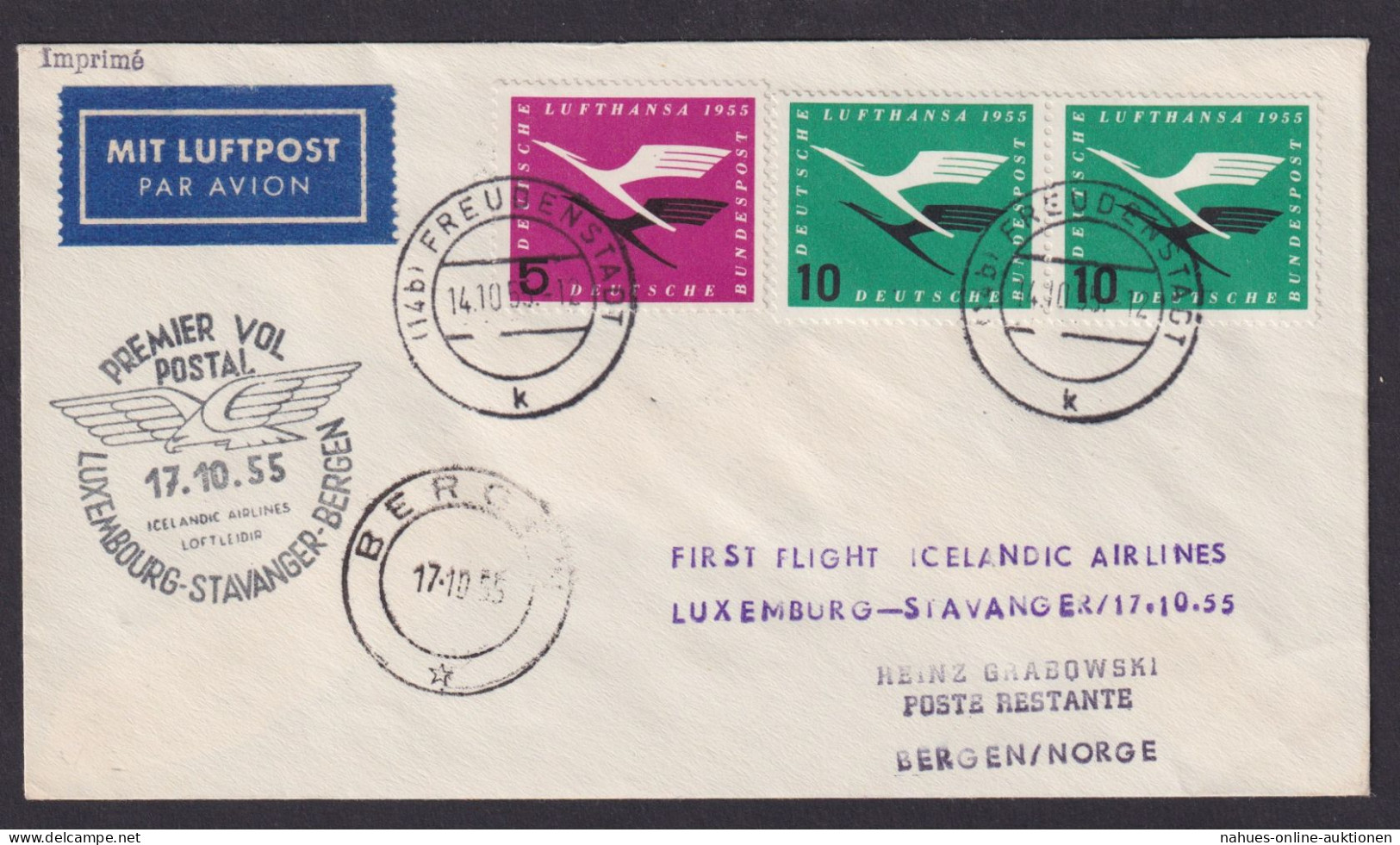 Island Icelandic Airlines Flugpost Brief Air Mail Luxemburg Stavangar Bergen - Cartas & Documentos