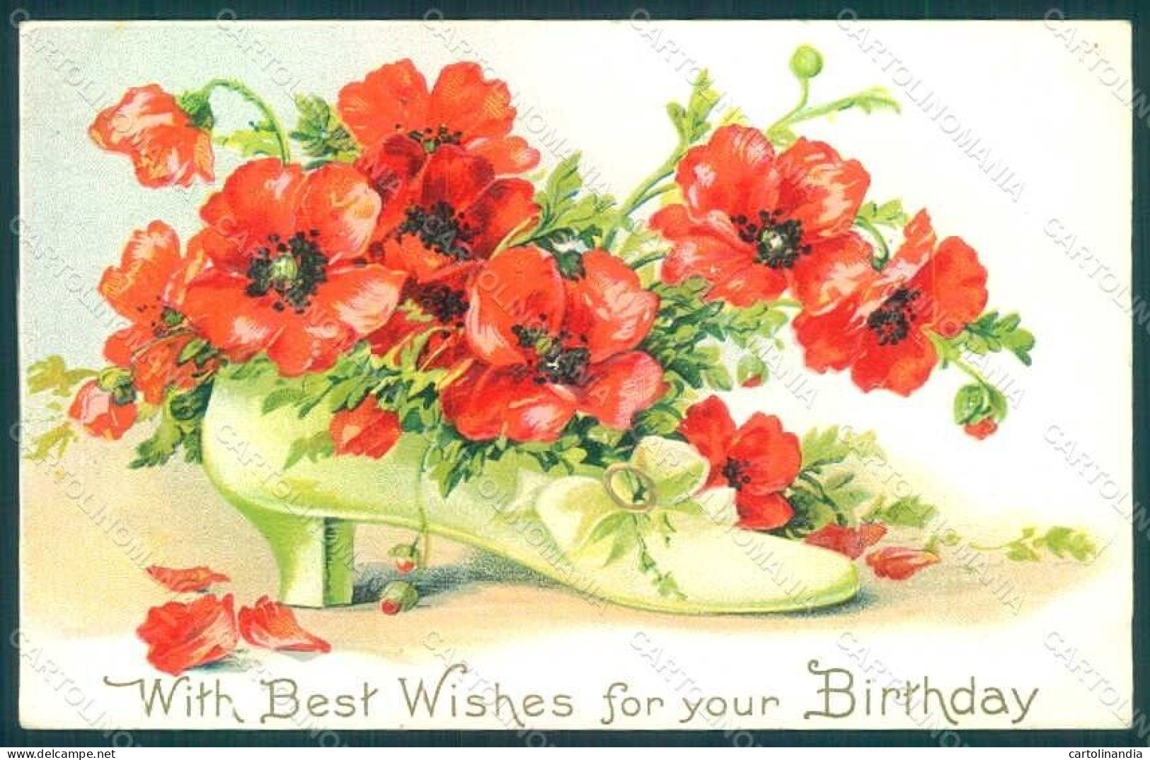 Greetings Birthday Shoe Poppies Flowers Serie 106 Relief Postcard HR0184 - Fleurs