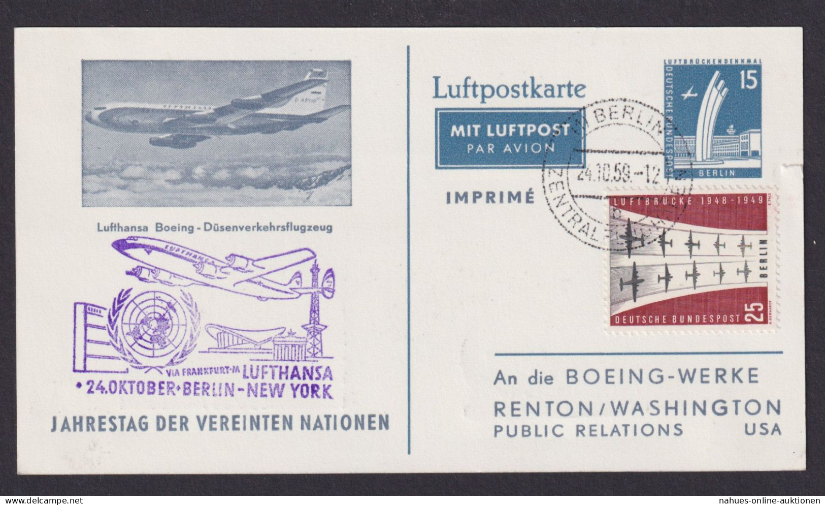 Flugpost Air Mail Berlin Privatganzsache PP 19 Lufthansa Boeing UNO Vereinte - Cartes Postales Privées - Oblitérées