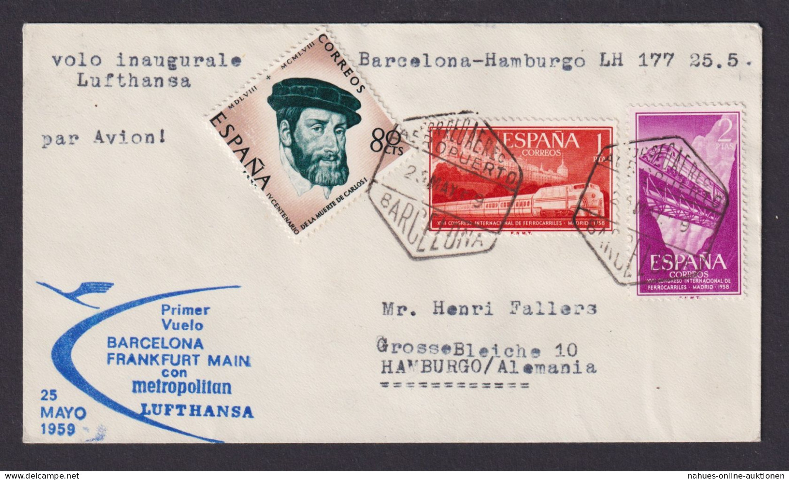 Flugpost Brief Air Mail Spanien Lufthansa Erstflug Barcelona Frankfurt N Hamburg - Cartas & Documentos