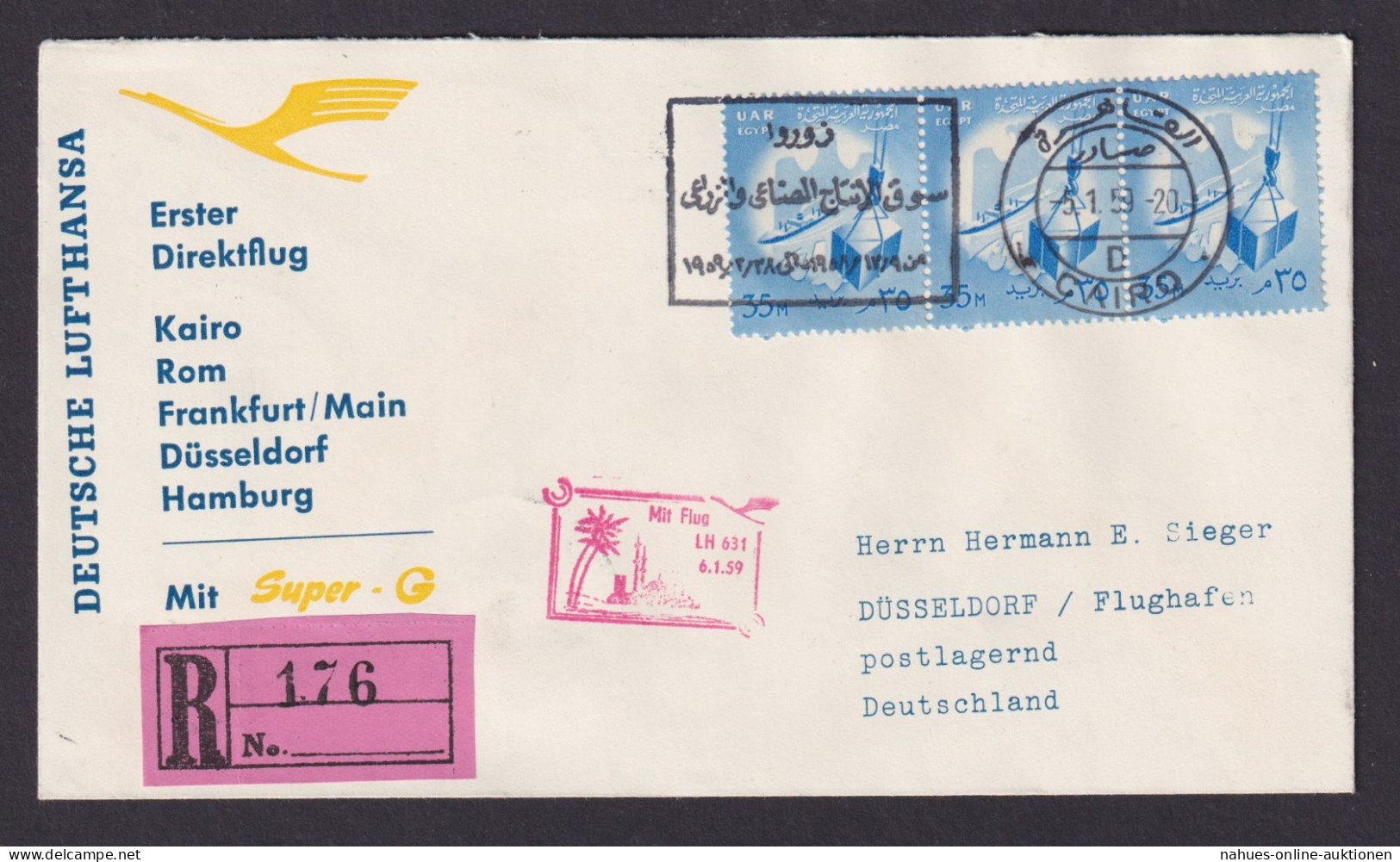 Flugpost Brief Lufthansa Super G Erstflug Kairo Hamburg Toller Früher Beleg - 1866-1914 Khedivato De Egipto