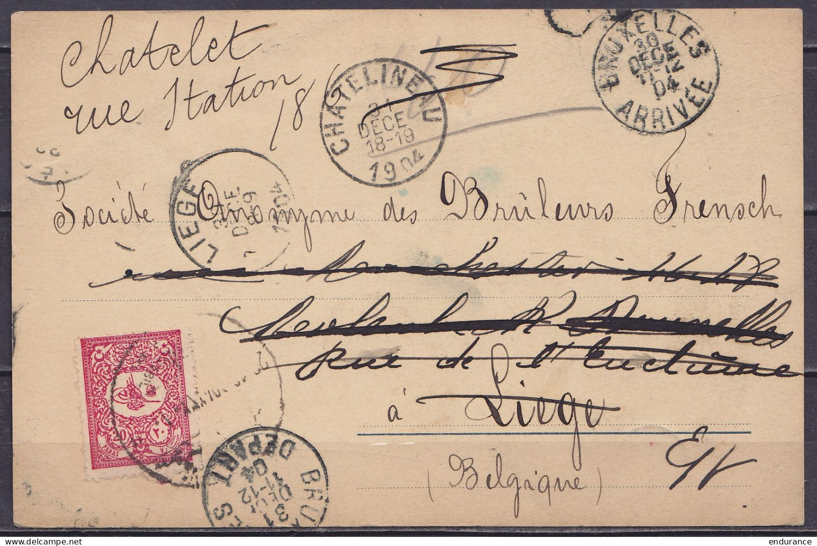 Syrie  - CP Datée 14 Décembre 1904 De ALEP Affr.20p Pour LIEGE Réexpédiée à CHATELET - Càd BRUXELLES, LIEGE & Arrivée CH - Otros & Sin Clasificación