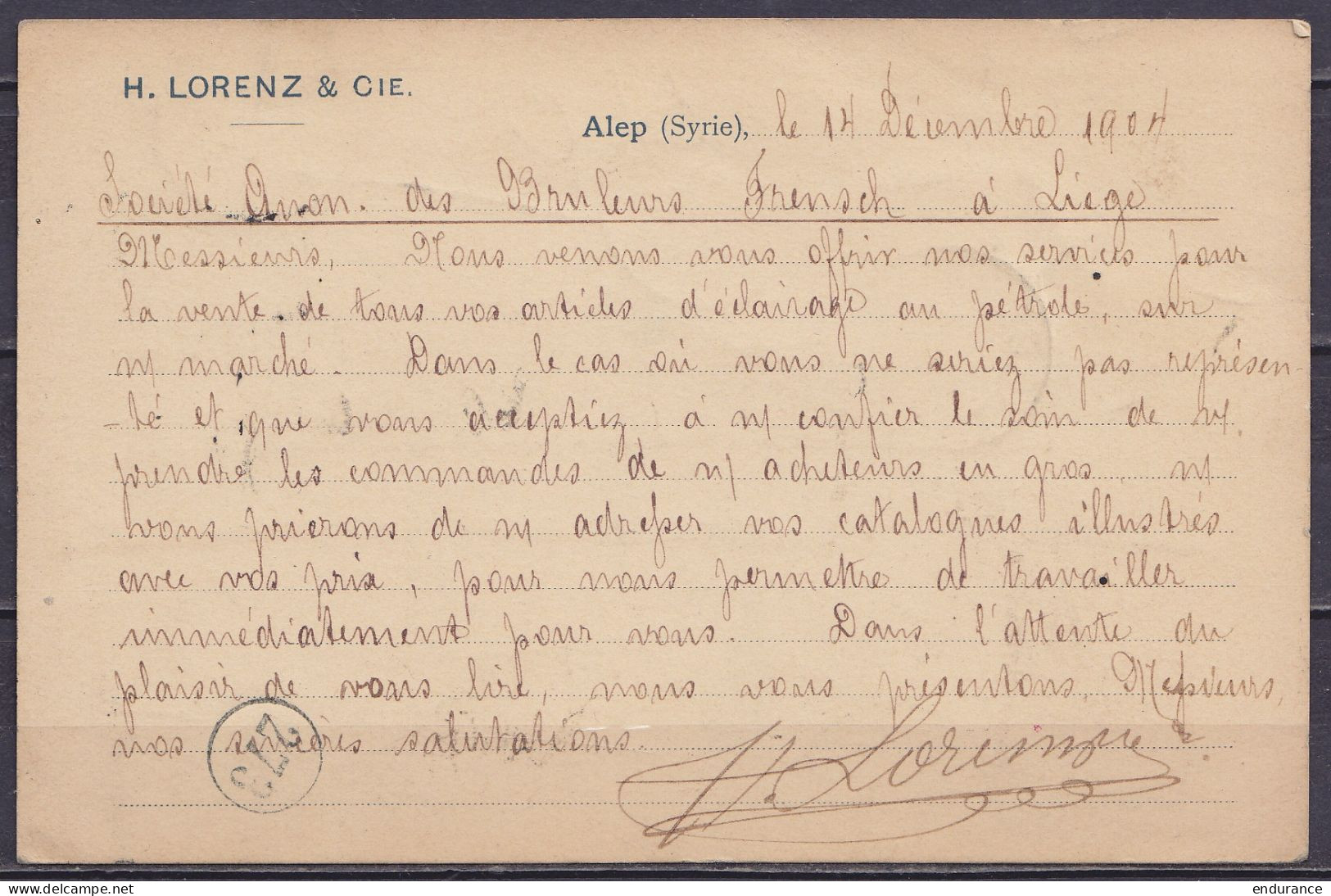 Syrie  - CP Datée 14 Décembre 1904 De ALEP Affr.20p Pour LIEGE Réexpédiée à CHATELET - Càd BRUXELLES, LIEGE & Arrivée CH - Sonstige & Ohne Zuordnung