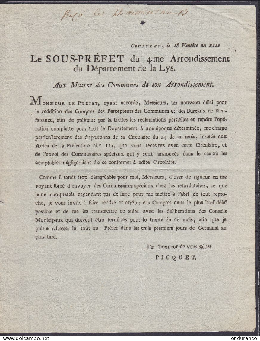 Arrêté Du Sous-Préfet Du 4e Arrondissement Du Département De La Lys Daté 18 Ventôse An XIII (9 Mars 1805) Concernant La  - Historische Documenten