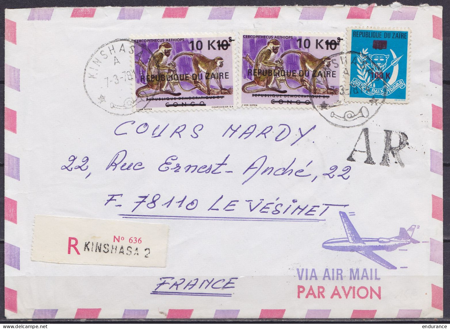 Zaïre - Env. Recommandée AR Par Avion Affr. 120K Càd KINSHASA /-7-3-1978 Pour LE VESINET France (au Dos: Càd Arrivée LE  - Usati