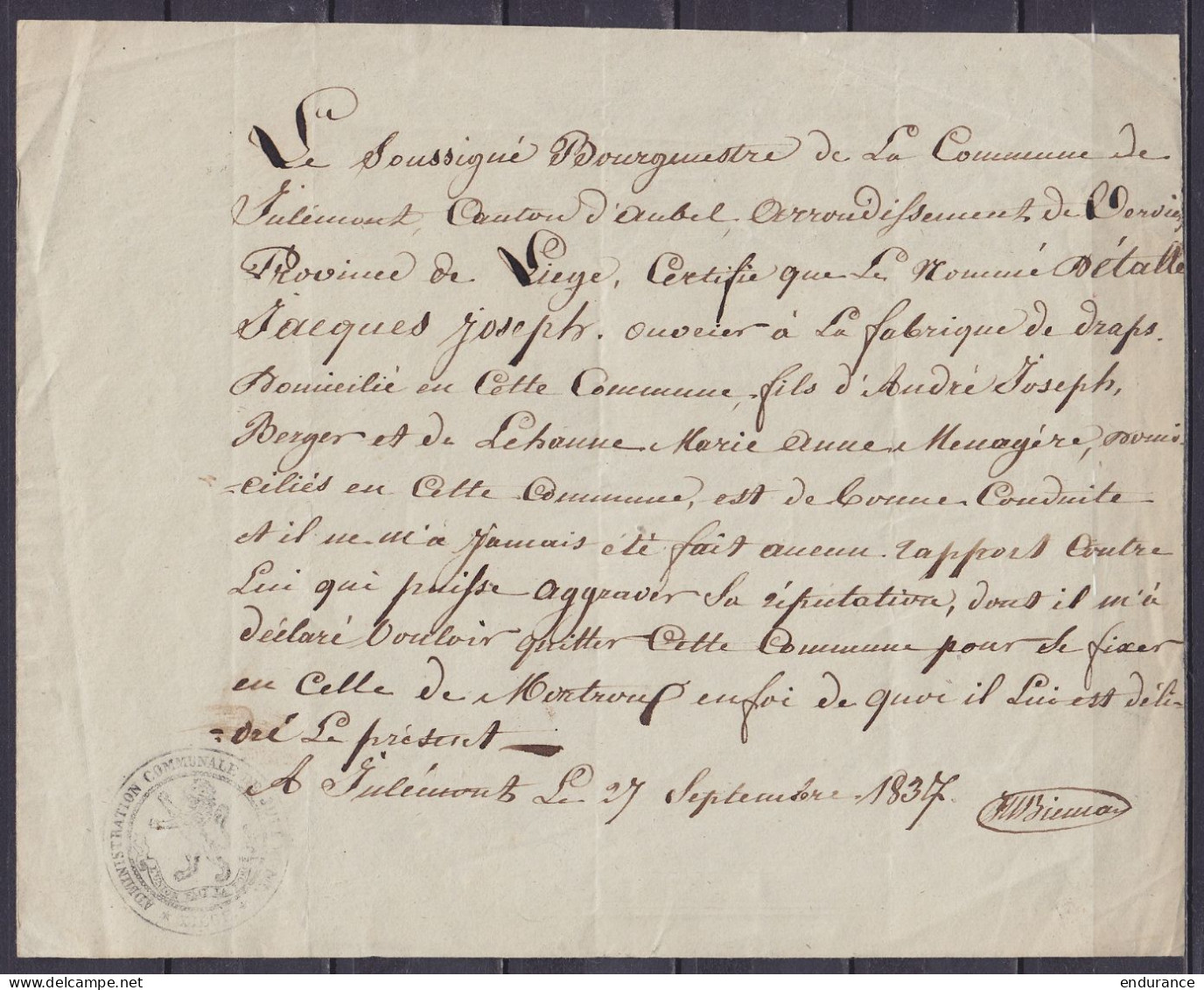 Certificat De Bonne Conduite Délivré Par Bourgmestre De JULEMONT Canton D'Aubel Le 27 Septembre 1837 à Un Ouvrier Pour S - Historische Documenten