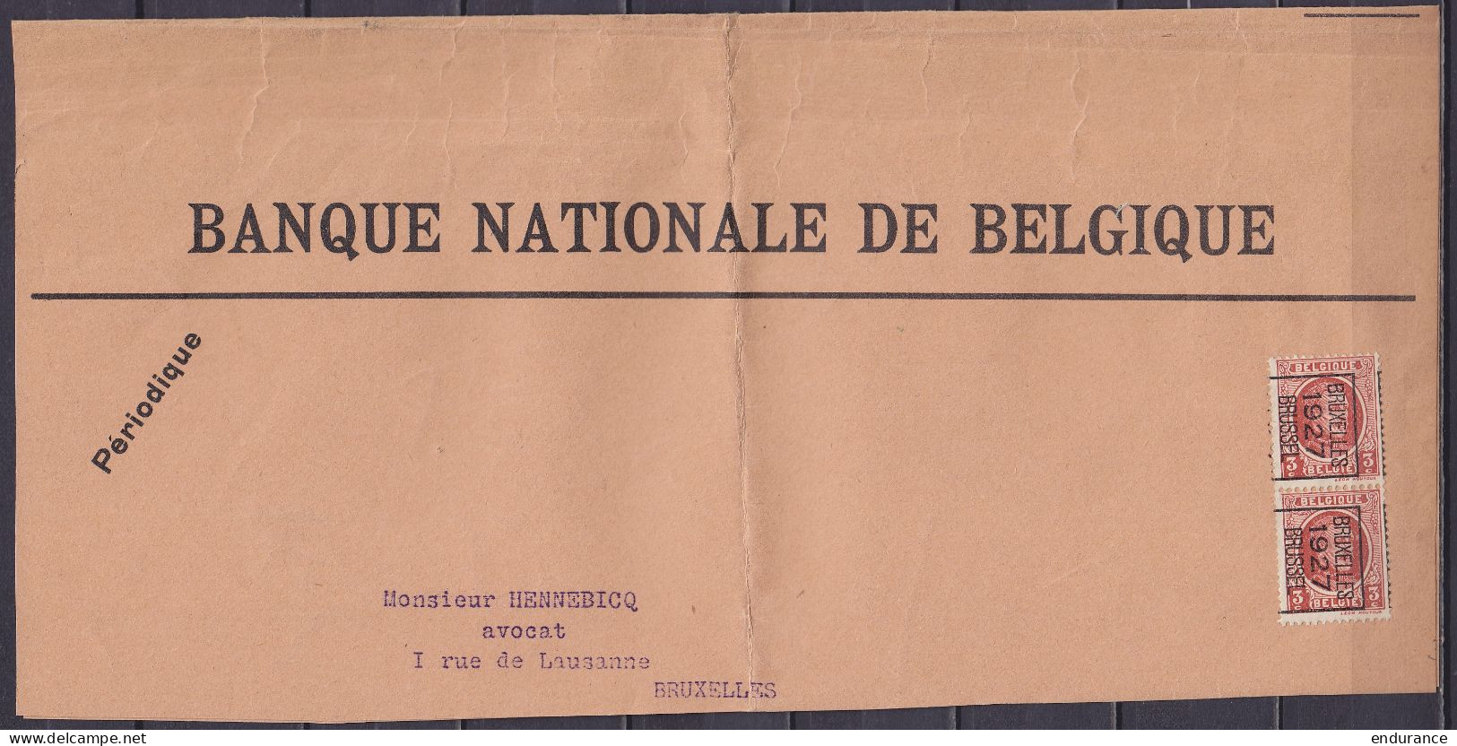 Bande D'imprimé Affr. PREO Paire 3c Rouge-brun Houyoux Surch. [BRUXELLES /1927/ BRUSSEL] (double Port) Pour BRUXELLES - Sobreimpresos 1922-31 (Houyoux)