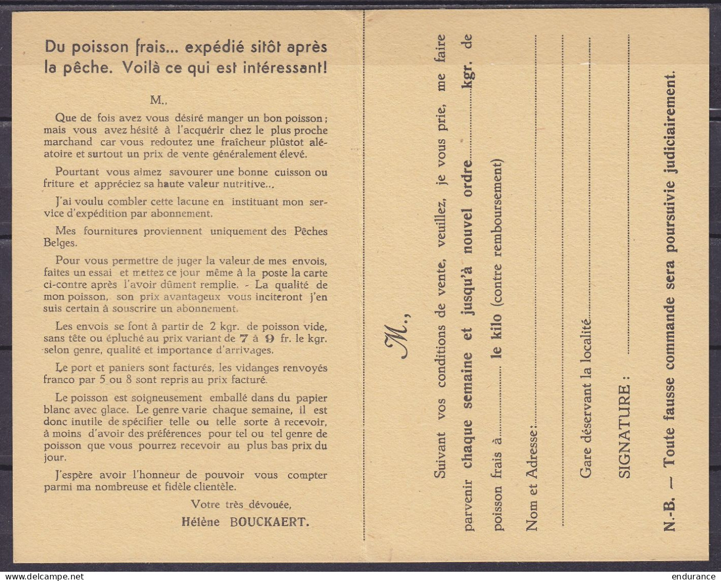 Imprimé (carte / Formulaire D'abonnement) "Poissons Frais H. Bouckaert" à OSTENDE Affr. N°316 (Préo) Pour MONS - Tipo 1929-37 (Leone Araldico)