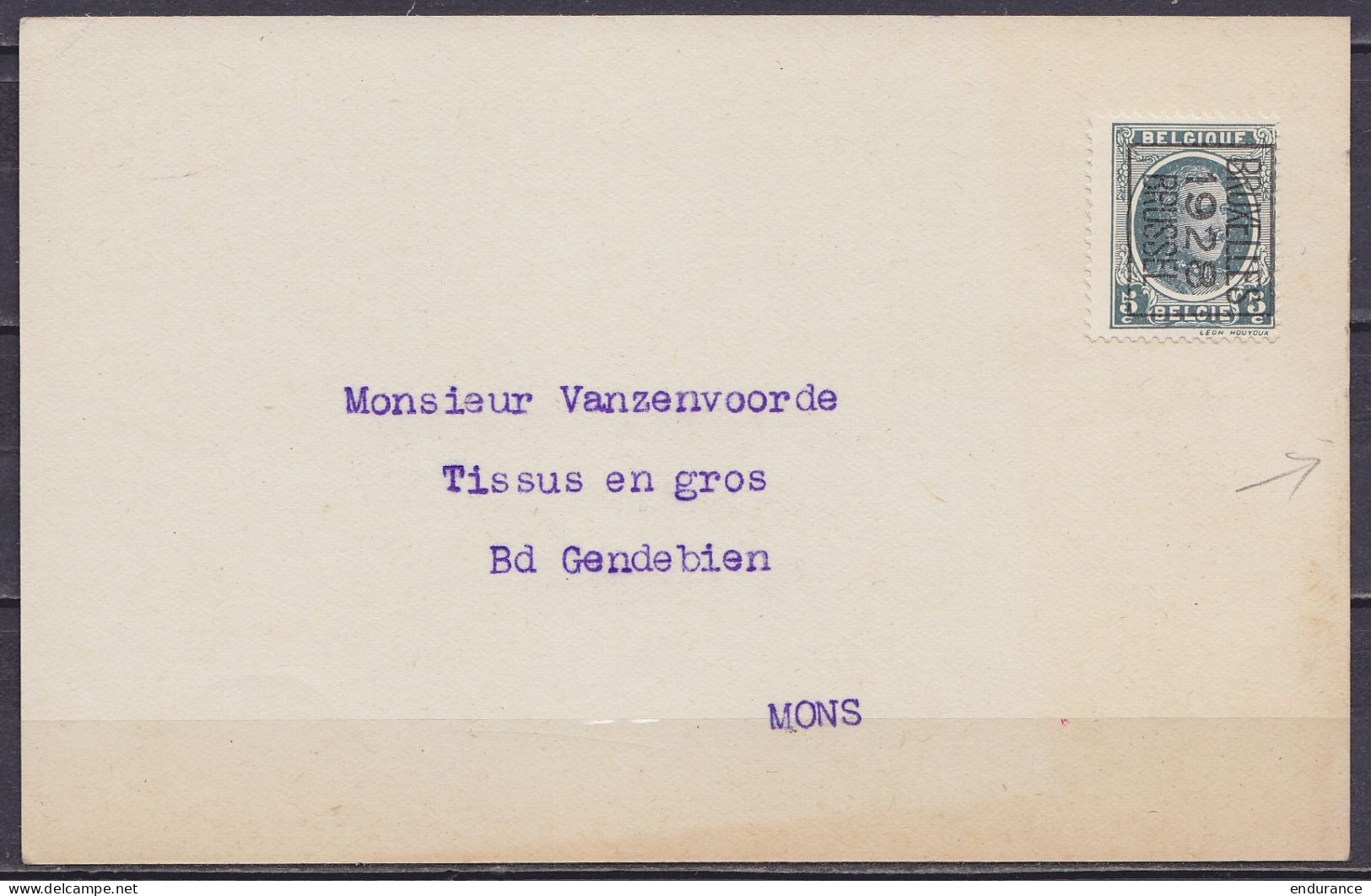 Imprimé - Avis De Déménagement "Société Minimax" Affr. PREO 5c Gris HOUYOUX Surch.  [BRUXELLES /1928/ BRUSSEL] Pour MONS - Typografisch 1922-31 (Houyoux)