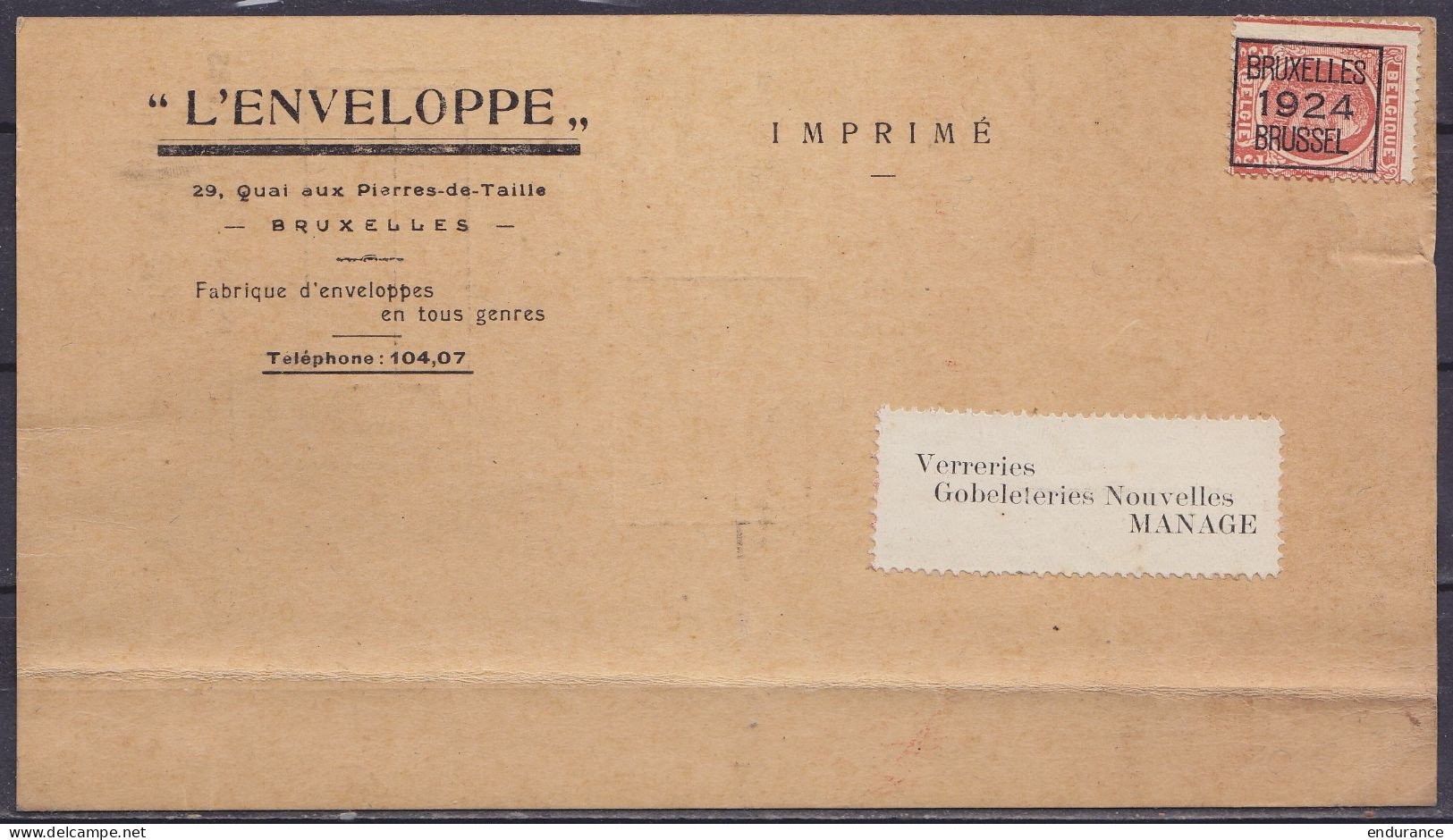 Imprimé Publicitaire "L'Enveloppe" Affr. PREO 3c Rouge-brun Houyoux Surch. [BRUXELLES /1924/ BRUSSEL] Pour MANAGE - Typos 1922-31 (Houyoux)