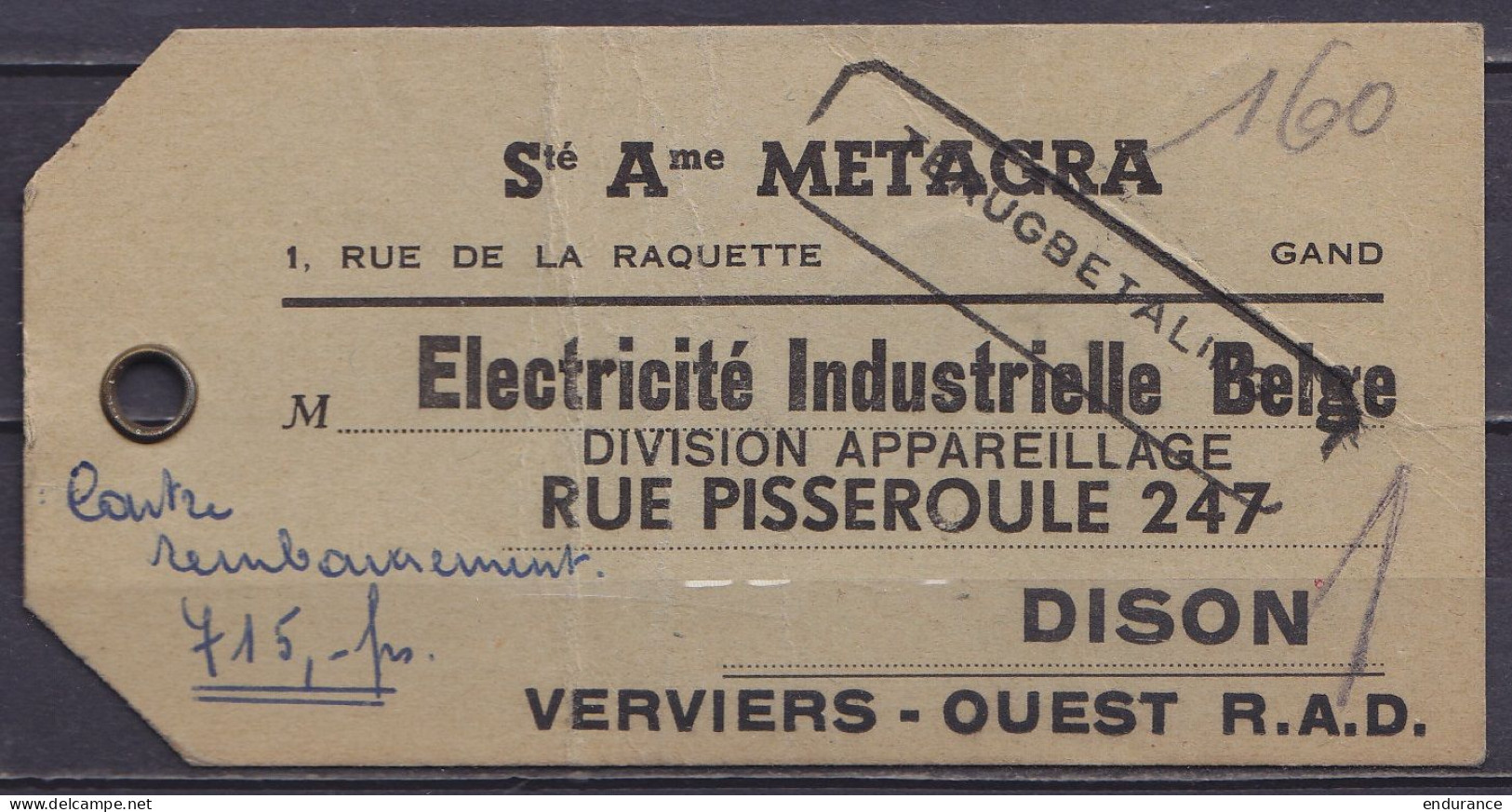 Etiquette De Sac Contre-remboursement Affr. Paire N°847A + N°854 Càd GENT 12H /-4-3-1953 Pour Electricité Industrielle B - 1936-1951 Poortman