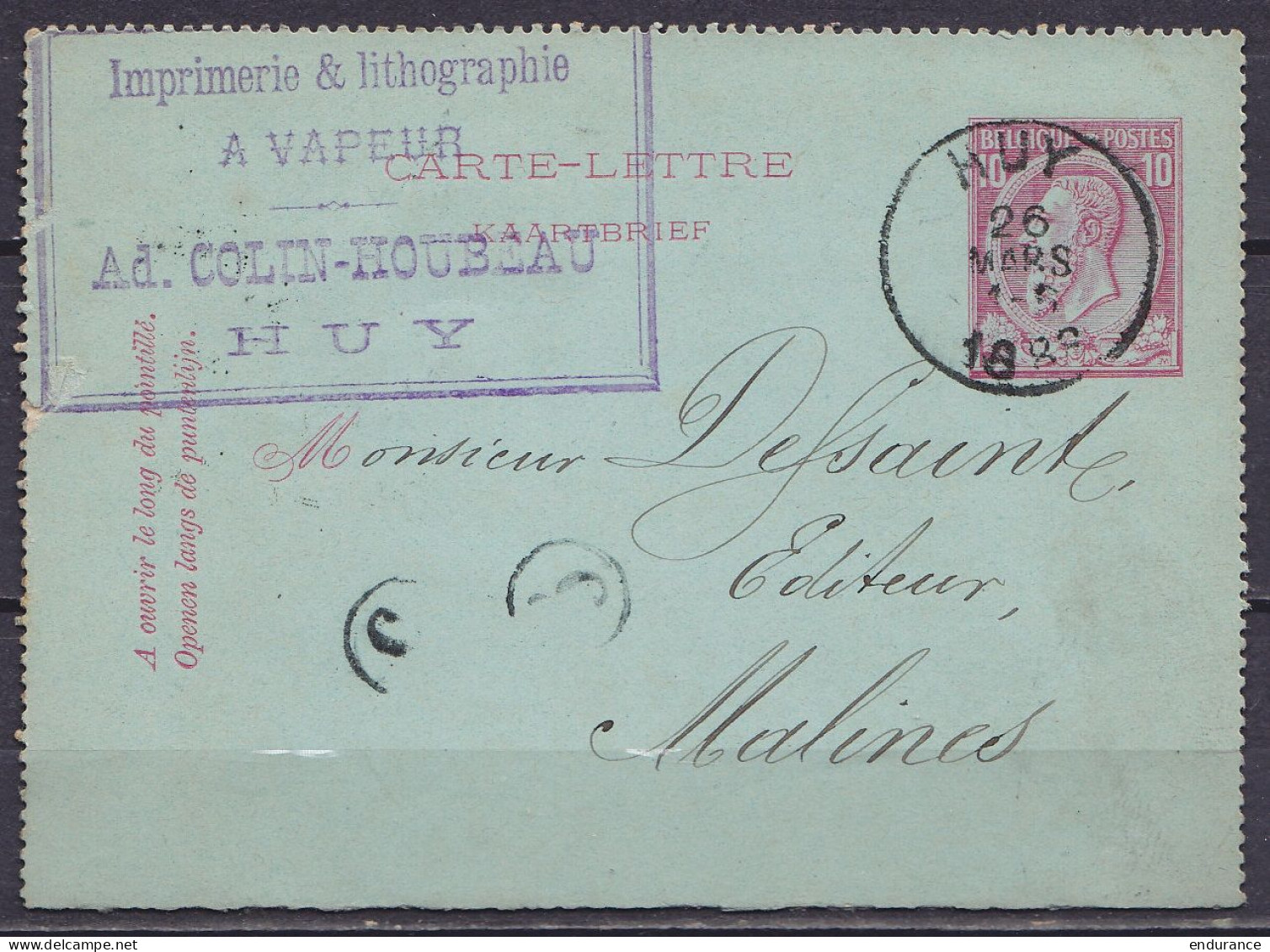 EP Carte-lettre 10c Rose (N°46) Càd HUY /26 MARS 1888 De L'imprimeur Colin-Houbeau Pour éditeur à MALINES (au Dos: Càd A - Cartes-lettres