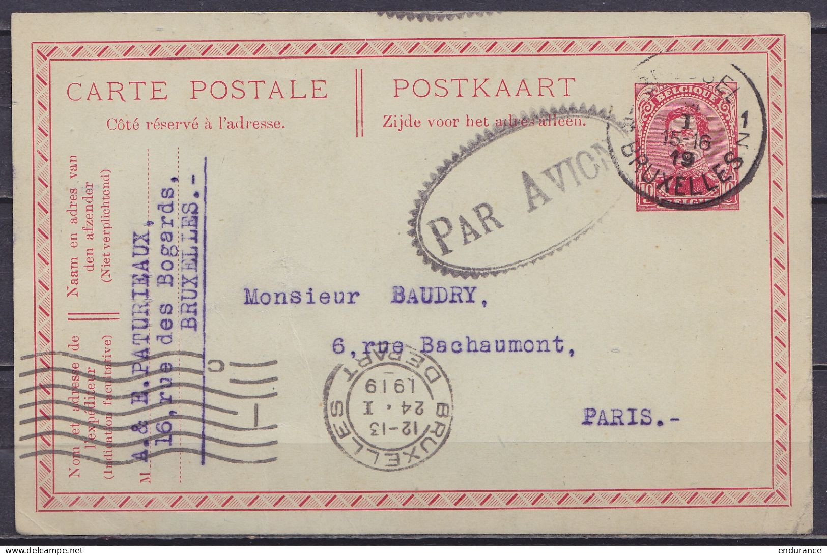 EP CP 10c Rouge (N°134) Càd "BRUSSEL 1Z /24 I 1919/ BRUXELLES" Par Avion Pour PARIS - Cachet Oval Festonné "PAR AVION" ( - Postkarten 1909-1934