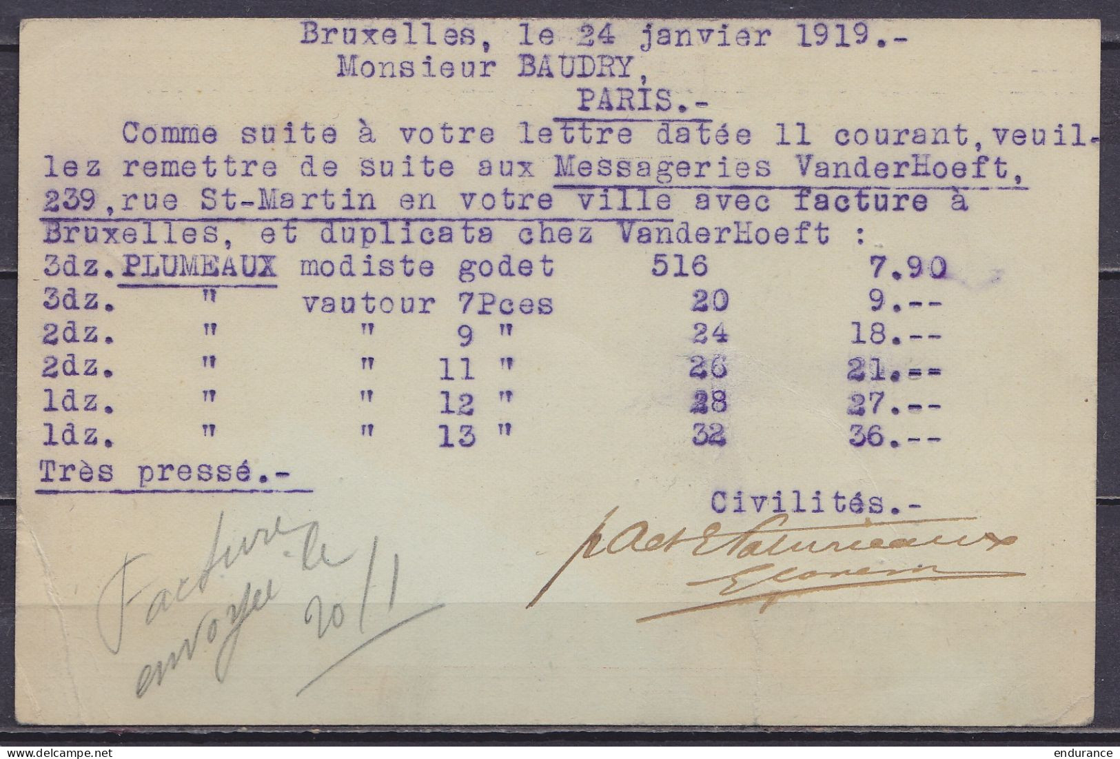 EP CP 10c Rouge (N°134) Càd "BRUSSEL 1Z /24 I 1919/ BRUXELLES" Par Avion Pour PARIS - Cachet Oval Festonné "PAR AVION" ( - Cartes Postales 1909-1934