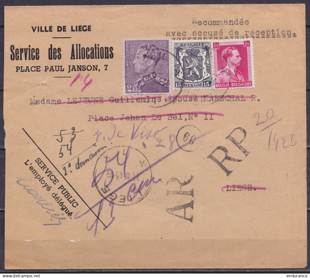 Env. "Service Des Allocations - Ville De Liège" Recommandé AR Affr. N°431+421+528 (3 émissions - Tarif Préférentiel) Càd - 1936-51 Poortman