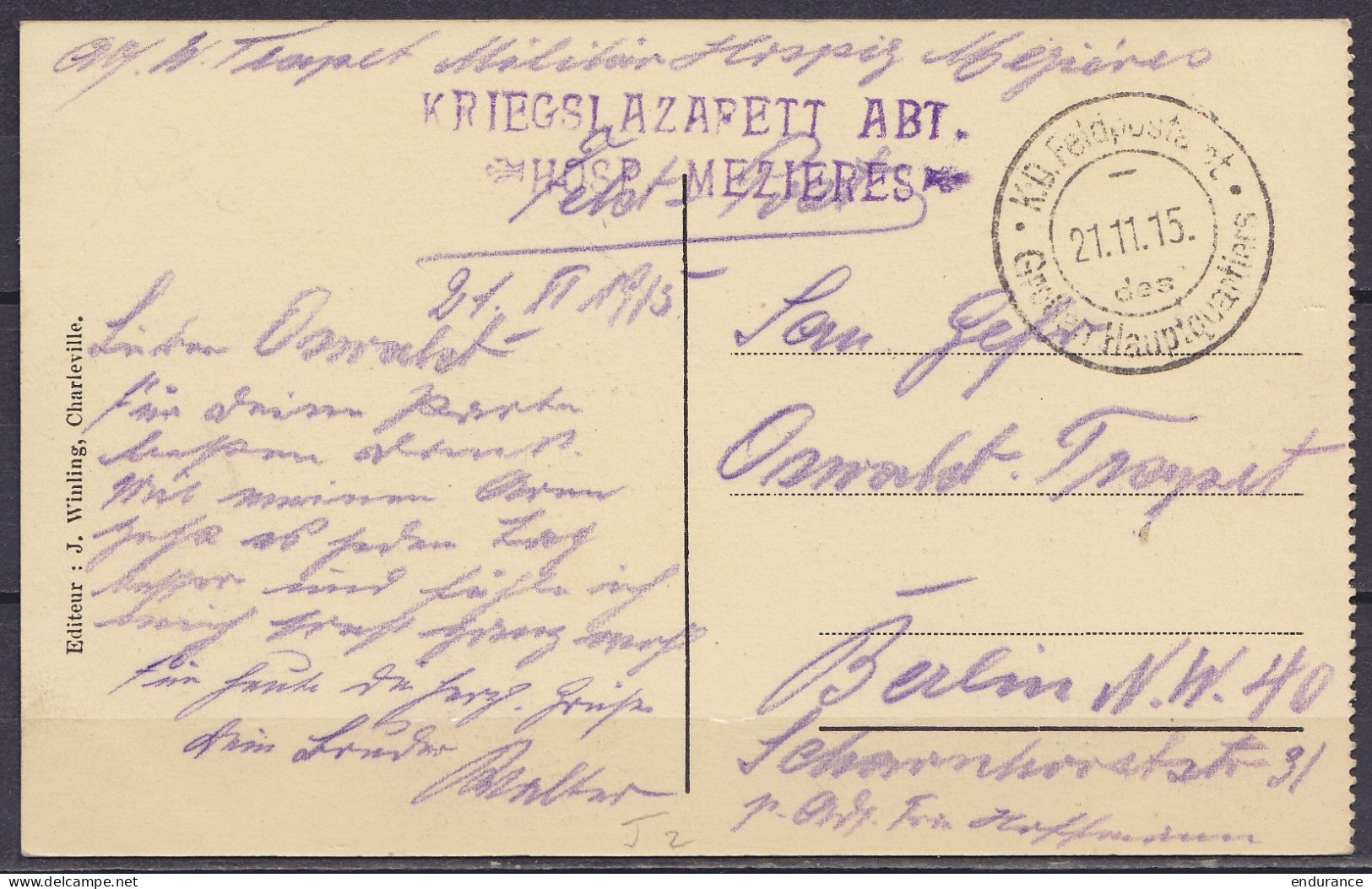 CP Citadelle De Mézières En Franchise Feldpost Càd "K.D.Feldpostamt /21.11.1915/ …" Pour BERLIN - Griffe "KRIEGSLAZARETT - Esercito Tedesco