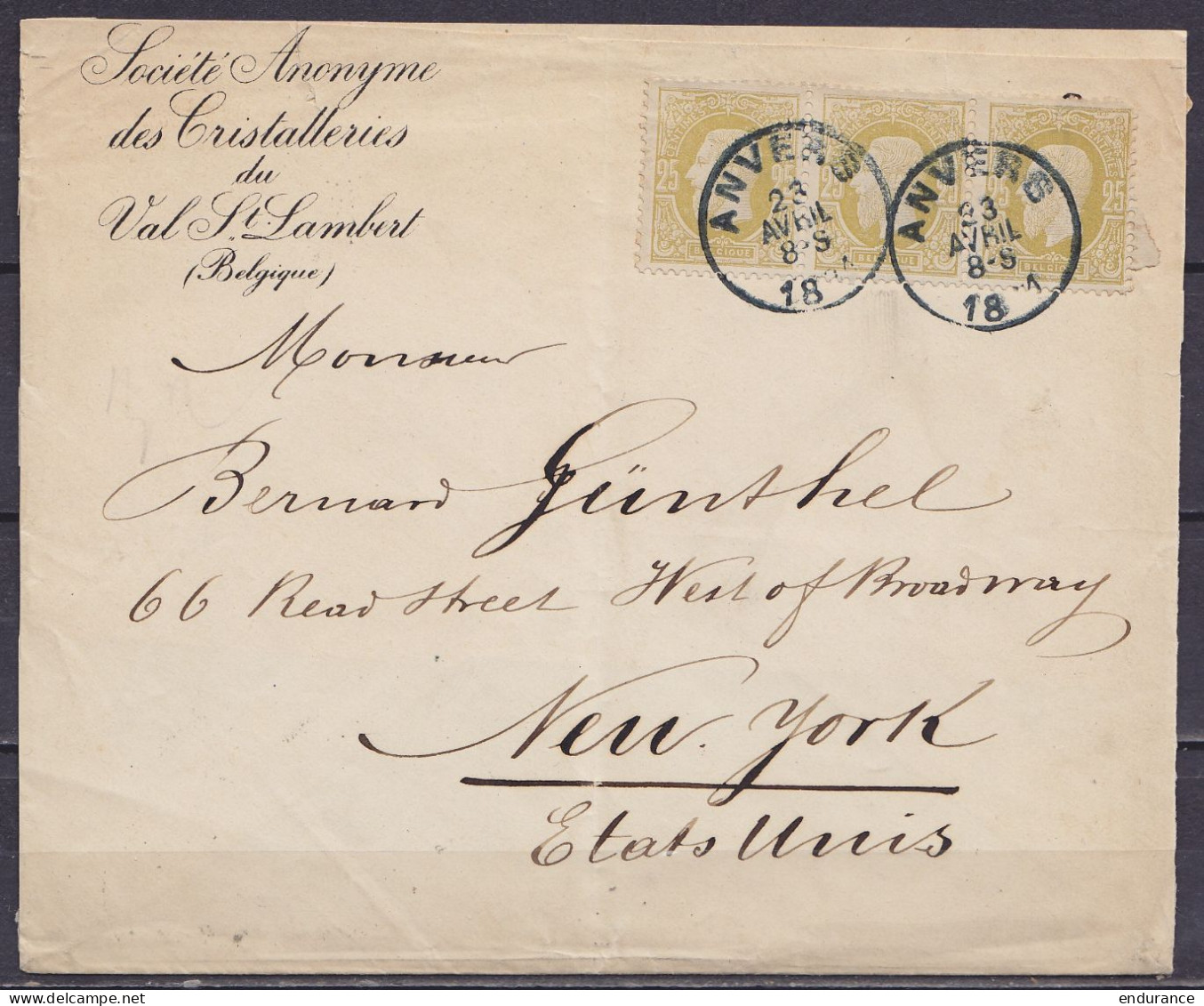 Env. "Société Des Cristalleries Du Val St-Lambert" Affr. Bande De 3 N°32 Càd ANVERS /23 AVRIL 1881 Pour NEW YORK USA (au - 1869-1883 Leopoldo II