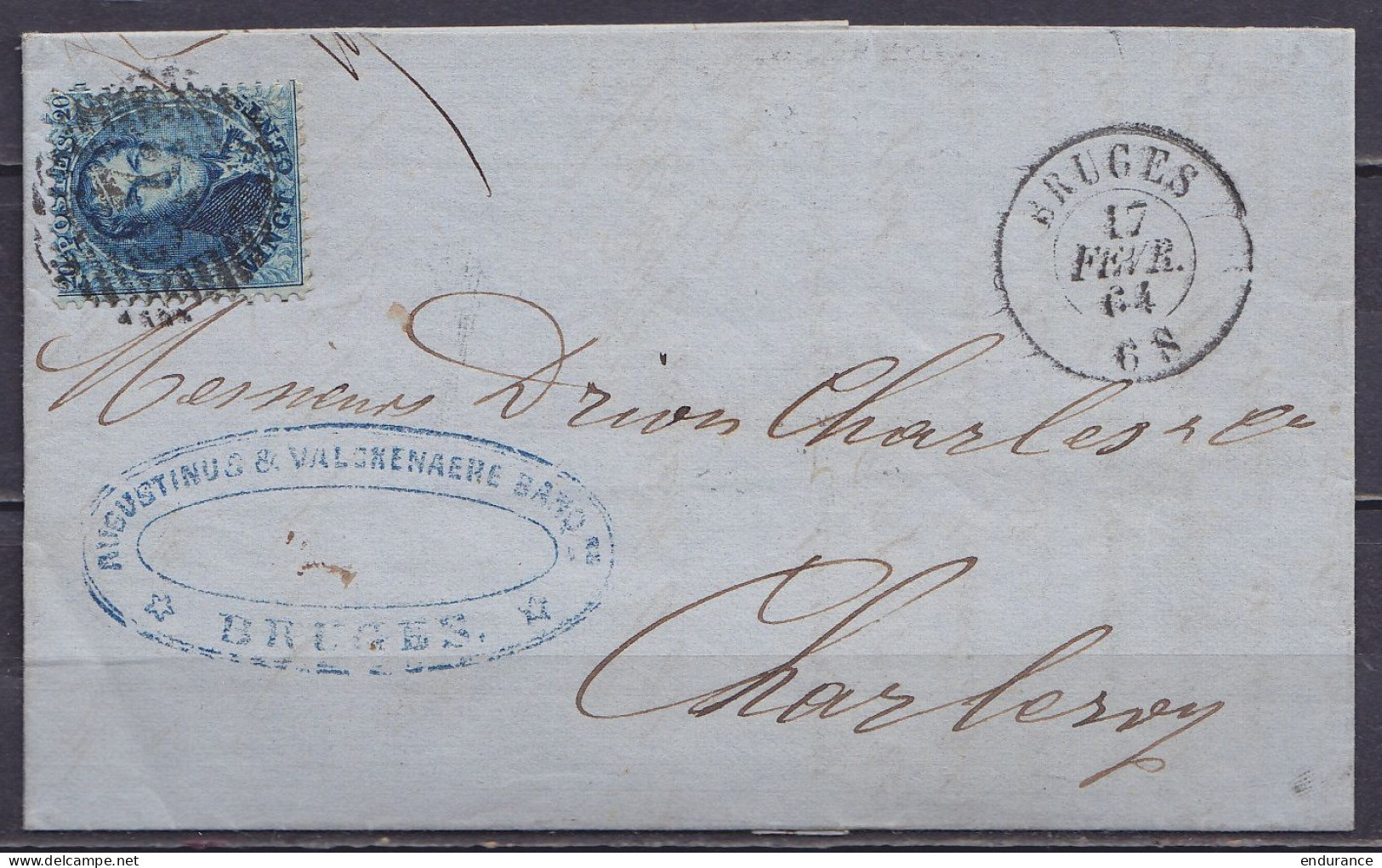 L. Affr. N°15 P23 Càd BRUGGES /17 FEVR. 1864 Pour CHARLEROY (au Dos: Càd Arrivée CHARLEROY) - 1863-1864 Medaillen (13/16)