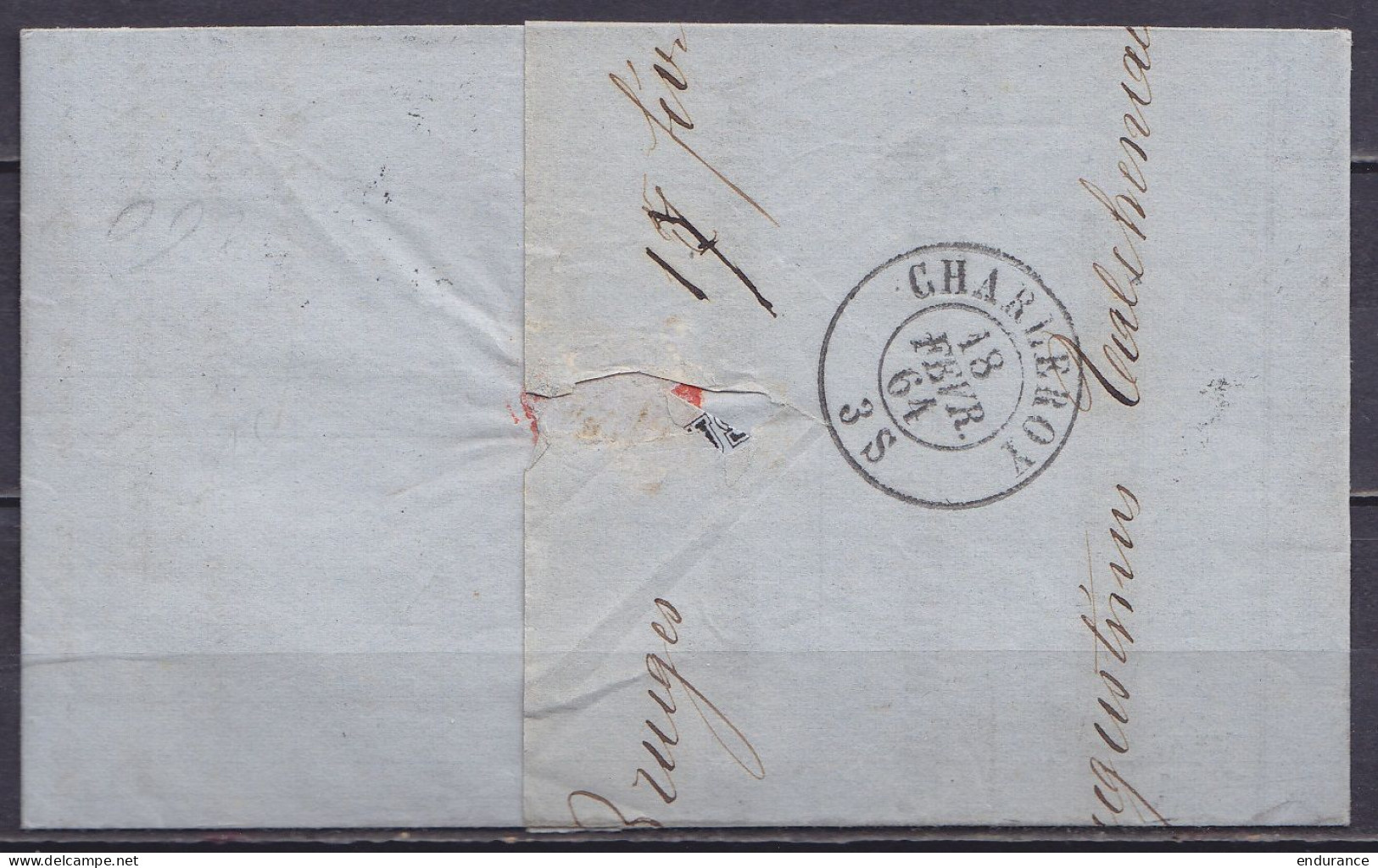 L. Affr. N°15 P23 Càd BRUGGES /17 FEVR. 1864 Pour CHARLEROY (au Dos: Càd Arrivée CHARLEROY) - 1863-1864 Medallones (13/16)