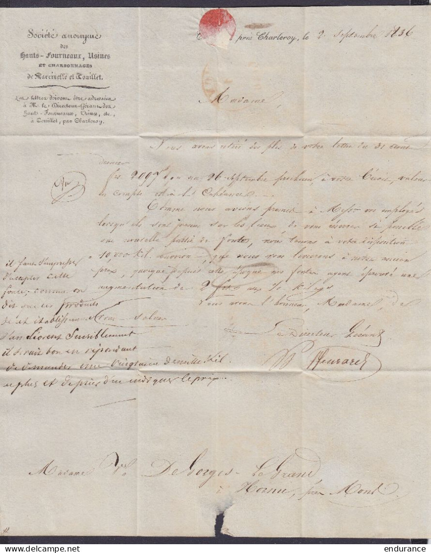 L. "Hauts-fourneaux, Usines Et Charbonnagess De Marcinelle" Datée 2 Septembre 1836 De COUILLET Càd CHARLEROY /3 SEPT. 18 - 1830-1849 (Unabhängiges Belgien)
