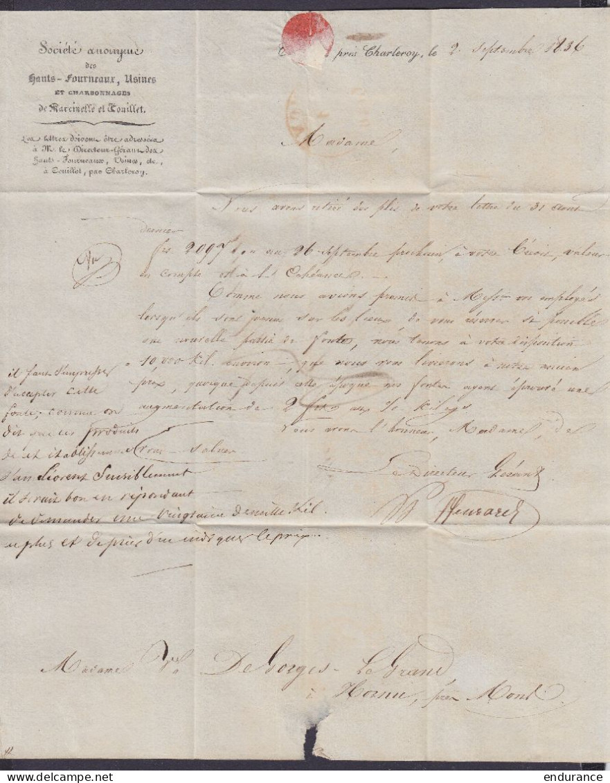 L. "Hauts-fourneaux, Usines Et Charbonnagess De Marcinelle" Datée 2 Septembre 1836 De COUILLET Càd CHARLEROY /3 SEPT. 18 - 1830-1849 (Onafhankelijk België)