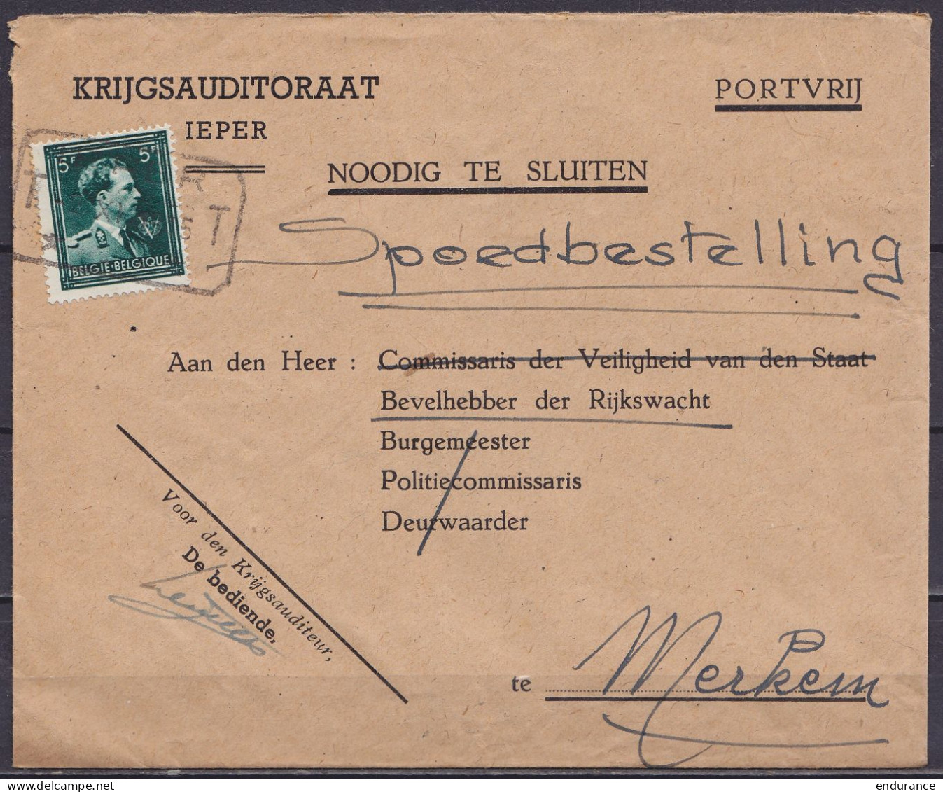 Env. "Krijgsauditoraat Ieper" En Exprès Affr. N°696 Càd [IEPER /-2 XI 1945] Pour Bevelhebber Der Rijkswacht à MERKEM - 1936-1957 Col Ouvert