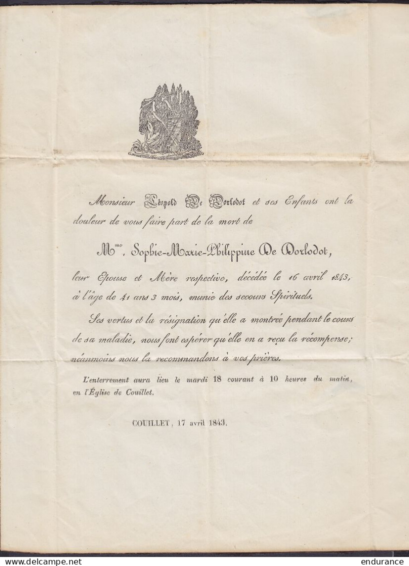 Imprimé (faire-part Décès) Daté 17 Avril 1843 De COUILLET Càd CHARLEROY /19 AVR. 1843 Pour BEAUNE Côte D'Or - Griffes "A - 1830-1849 (Unabhängiges Belgien)