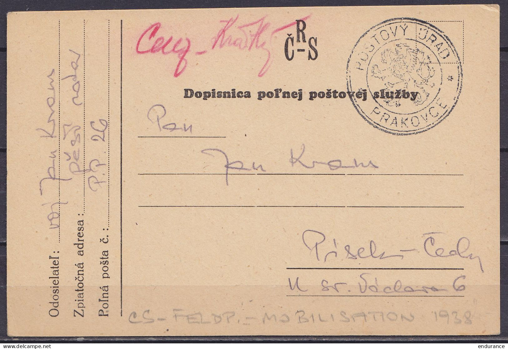 Slovaquie - EP CP Feldpost Non-daté Cachet "POSTOVU URAD /PRAKOVCE" Pour PRISEK ?? - Mobilisation 1938 - Lettres & Documents
