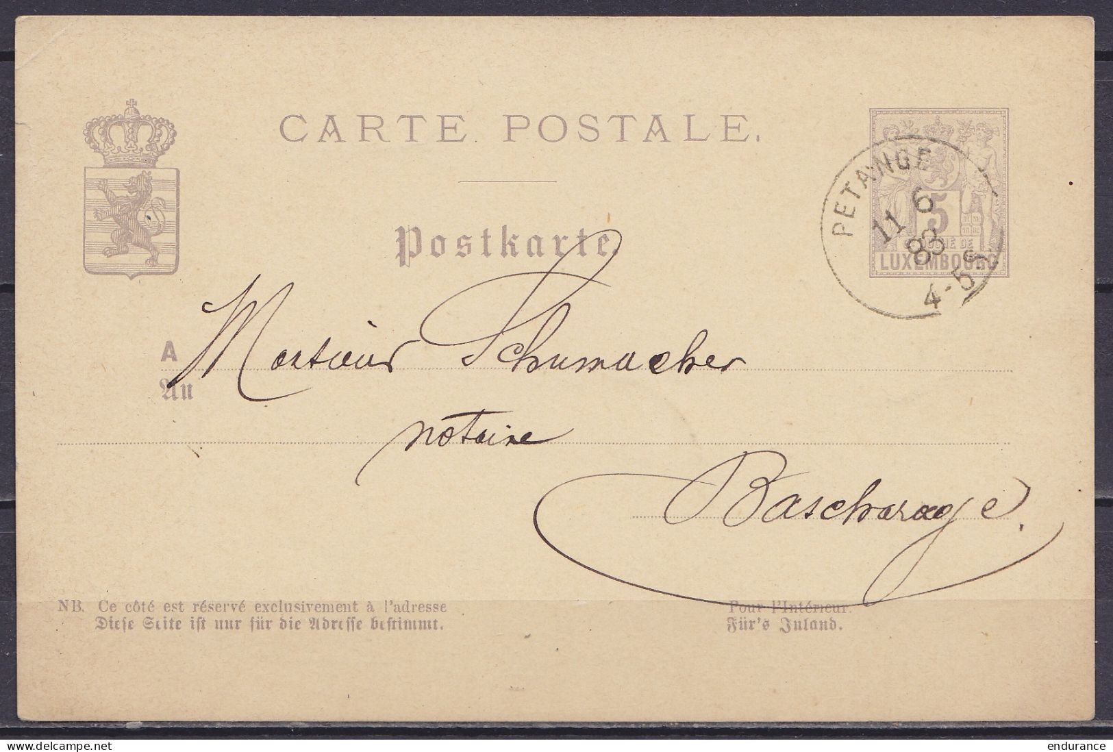 Luxembourg - EP CP Postkarte 5c Gris Càd PETANGE /11-6-1883 Pour Notaire à BASCHARAGE - Entiers Postaux