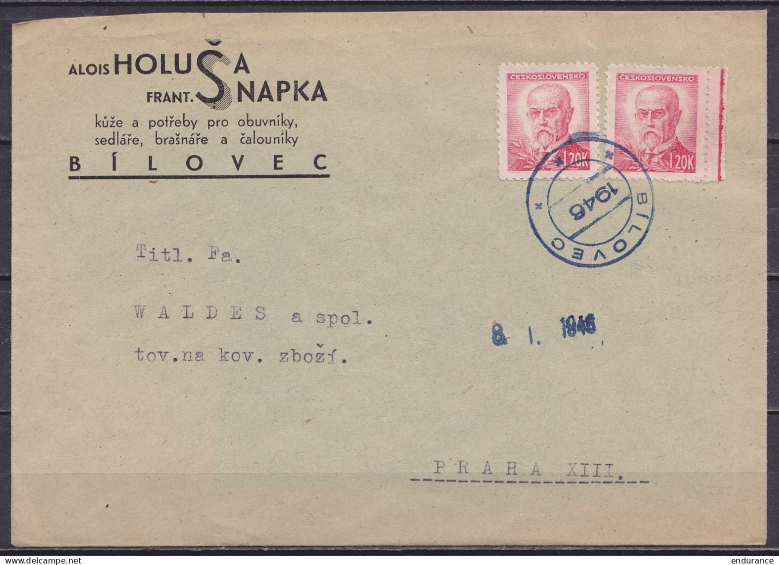 Tchécoslovaquie - L. Affr. 2x 1,20K Càpt Fortune BILOVEC /1946 - Cachet Date 8.I.1946 Pour PRAHA XIII - Briefe U. Dokumente