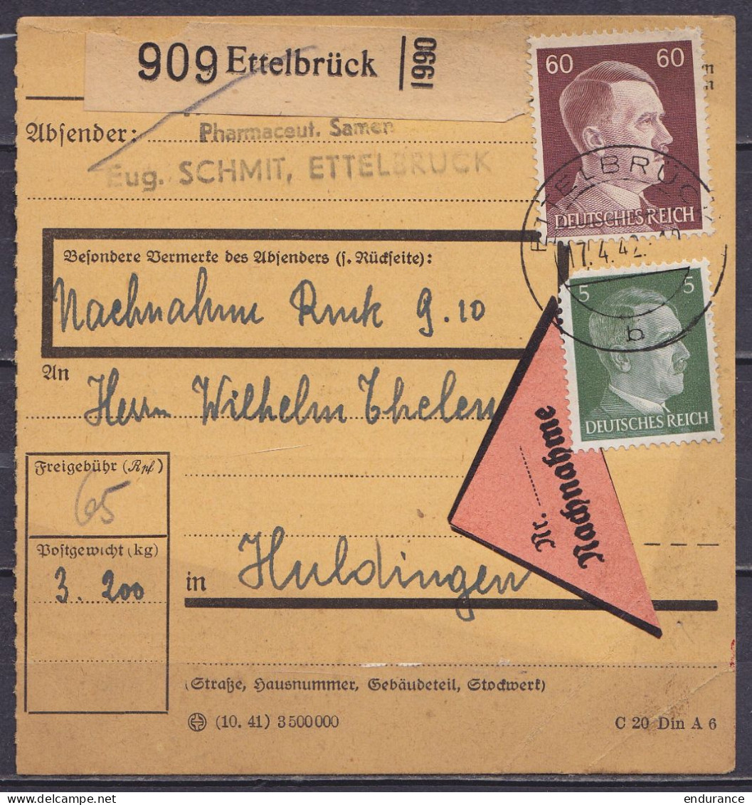 Luxembourg - Bordereau De Colis Affr. 65pf Càpt ETTELBRUCK /17.2.1942 Pour HULDINGEN - Plaatfouten & Curiosa